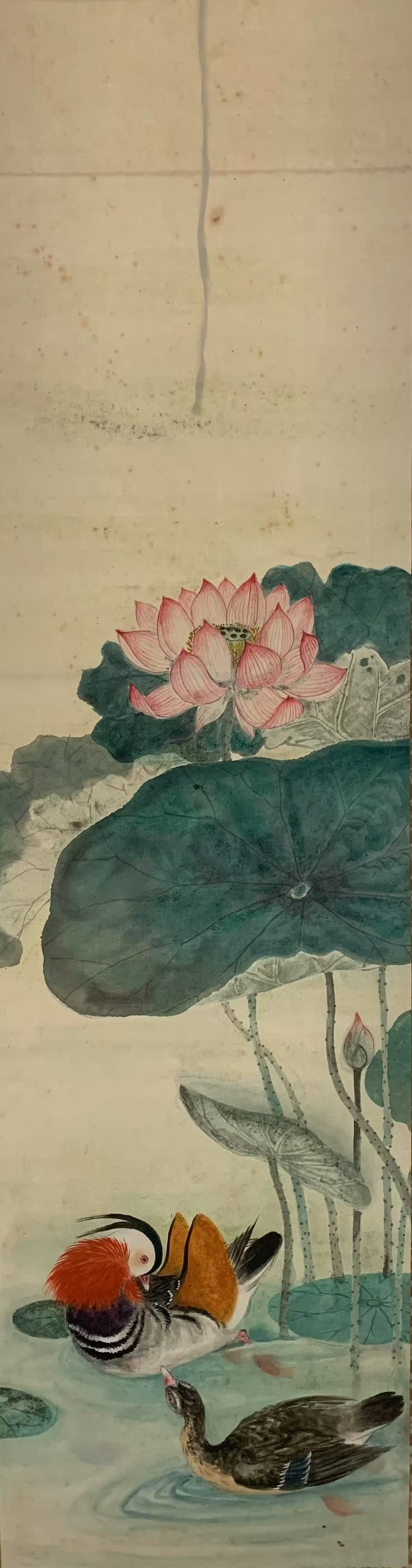 A LOTUS AND MANDARIN DUCK PAINTING ON PAPER BY ANONYMOUS.: Lotus and Mandarin Duck Painting on Paper by Anonymous.