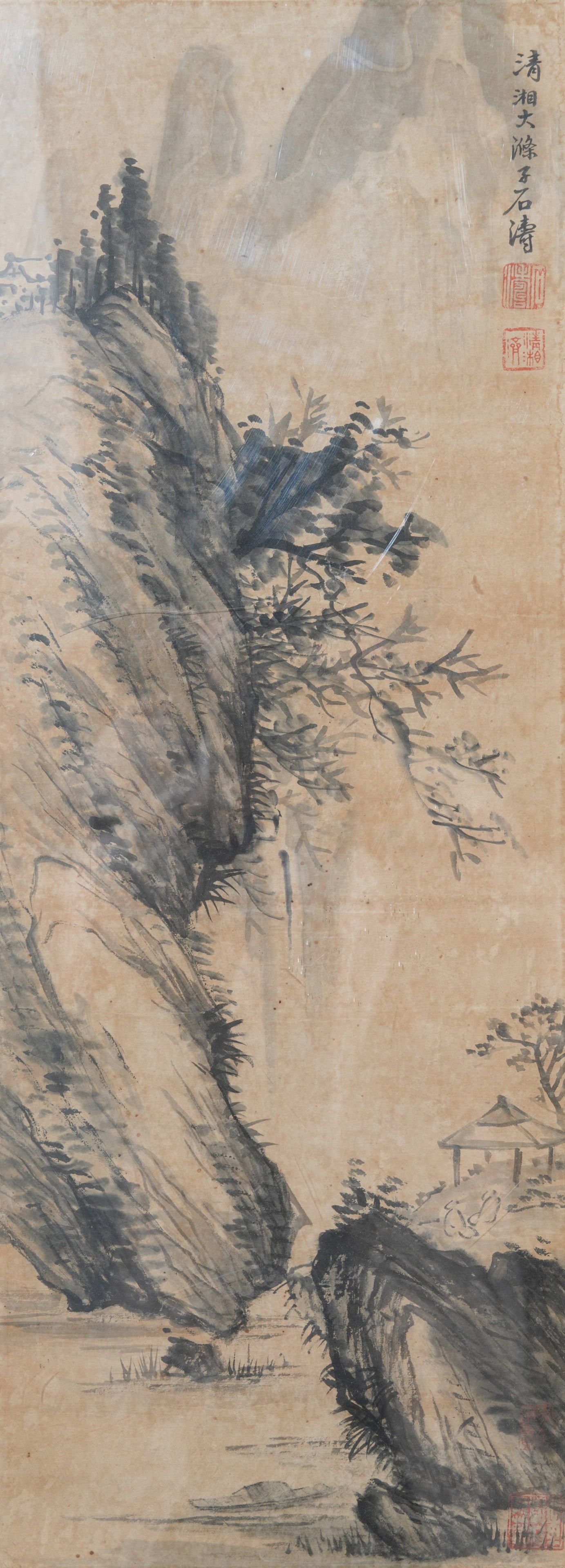 A LANDSCAPE PAINTING ON PAPER WITH FRAME BY SHITAO.石濤: Landscape Painting on Paper with Frame by Shitao.石濤