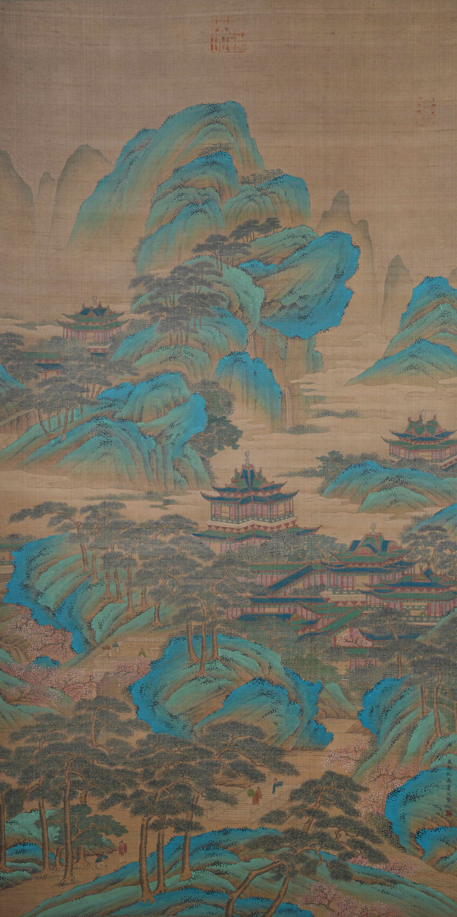 A IMMORTAL MOUNTAIN AND PAVILION PAINTING ON SILK BY QIU YING.仇英: Immortal Mountain and Pavilion Painting on Silk by Qiu Ying.仇英