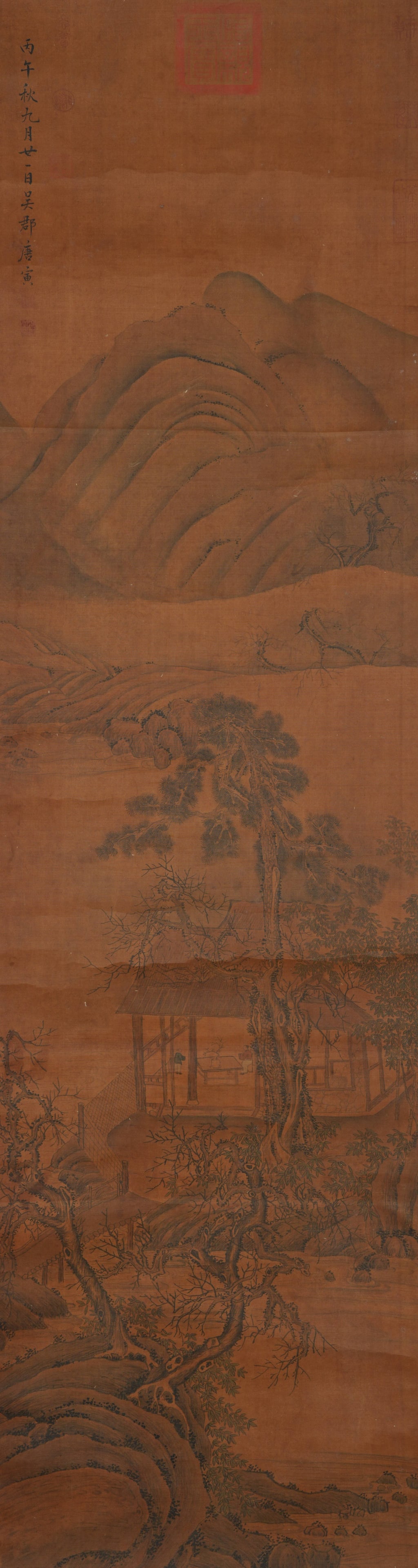 A LANDSCAPE PAINTING ON SILK BY TANG BOHU.唐伯虎: Landscape Painting on Silk by Tang Bohu.唐伯虎