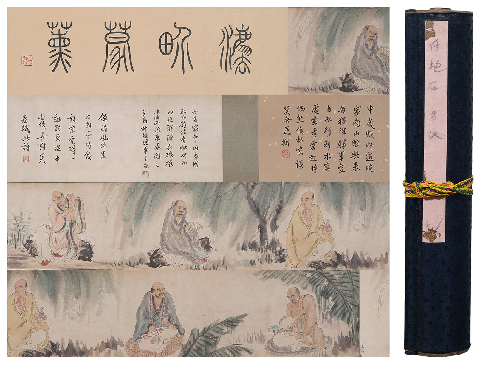 A ARHAT PAINTING HANDSCROLL ON PAPER BY FU BAOSHI.傅抱石: Arhat Painting Handscroll on Paper by Fu Baoshi.傅抱石