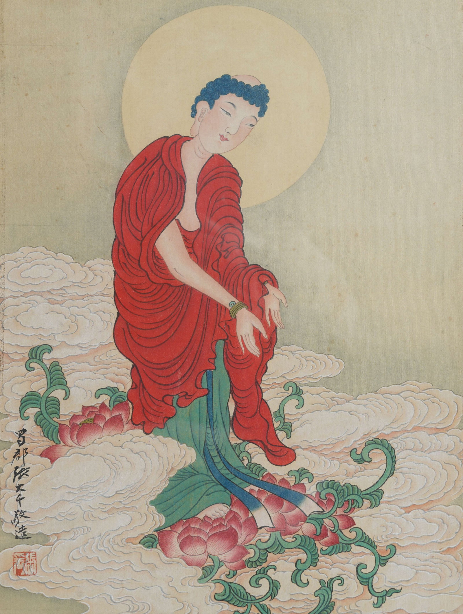 A BUDDHA PAINTING ON SILK WITH FRAME BY ZHANG DAQIAN.張大千: Buddha Painting on Silk with Frame by Zhang Daqian.張大千