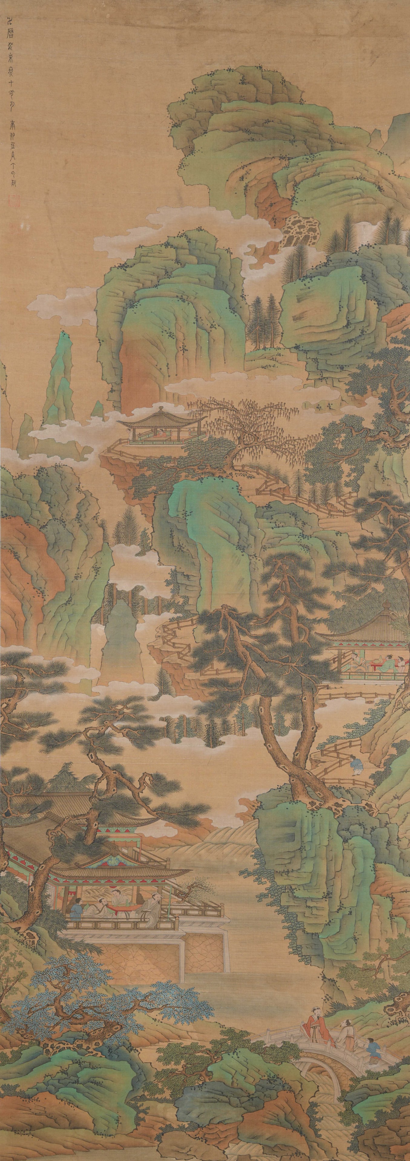 A IMMORTAL MOUNTAIN AND PAVILION PAINTING ON SILK BY DING YUNPENG.丁雲鵬: Immortal Mountain and Pavilion Painting on Silk by Ding Yunpeng.丁雲鵬
