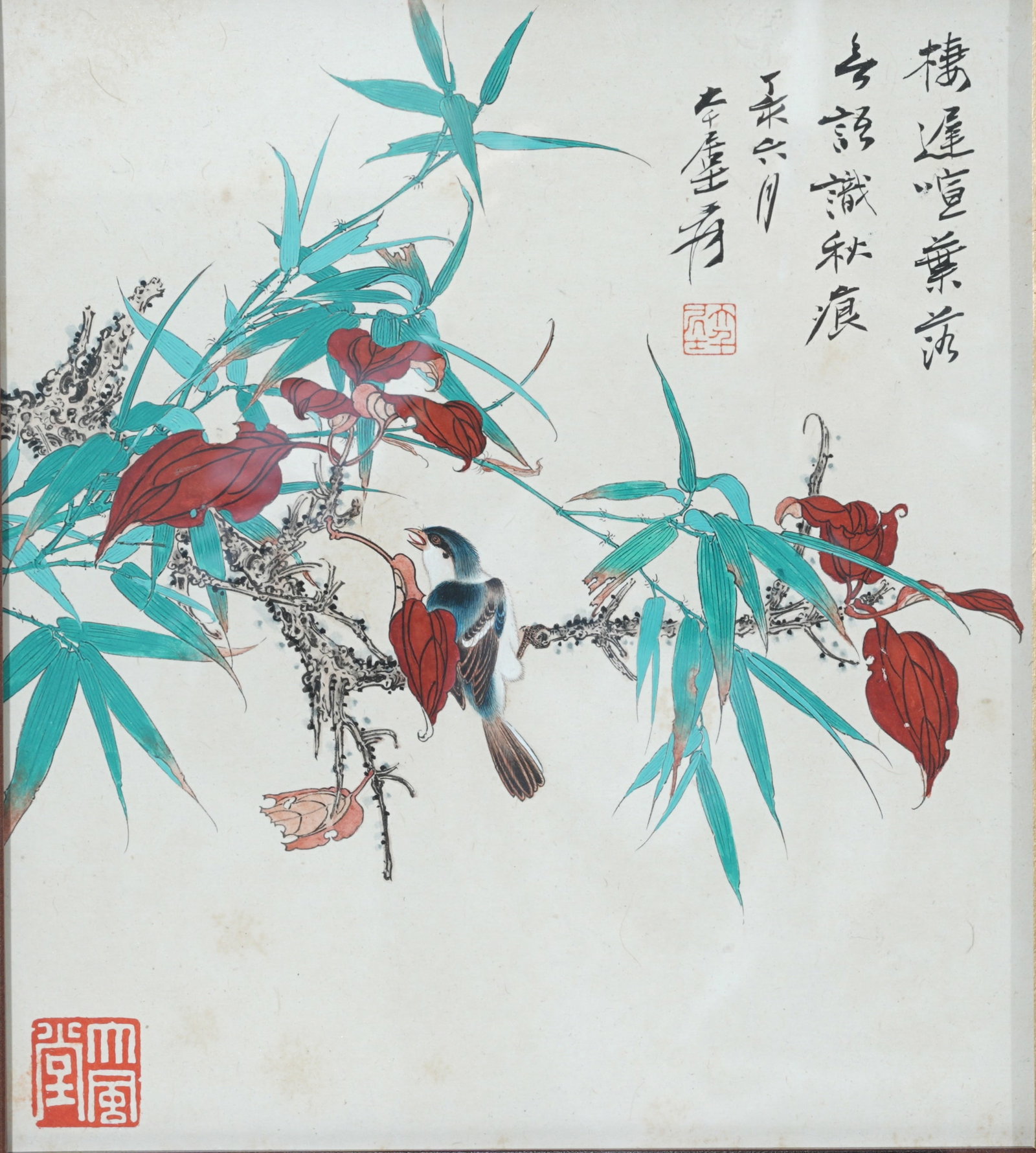 A BAMBOO AND BIRD PAINTING ON PAPER WITH FRAME BY ZHANG DAQIAN.張大千: Bamboo and Bird Painting on Paper with Frame by Zhang Daqian.張大千