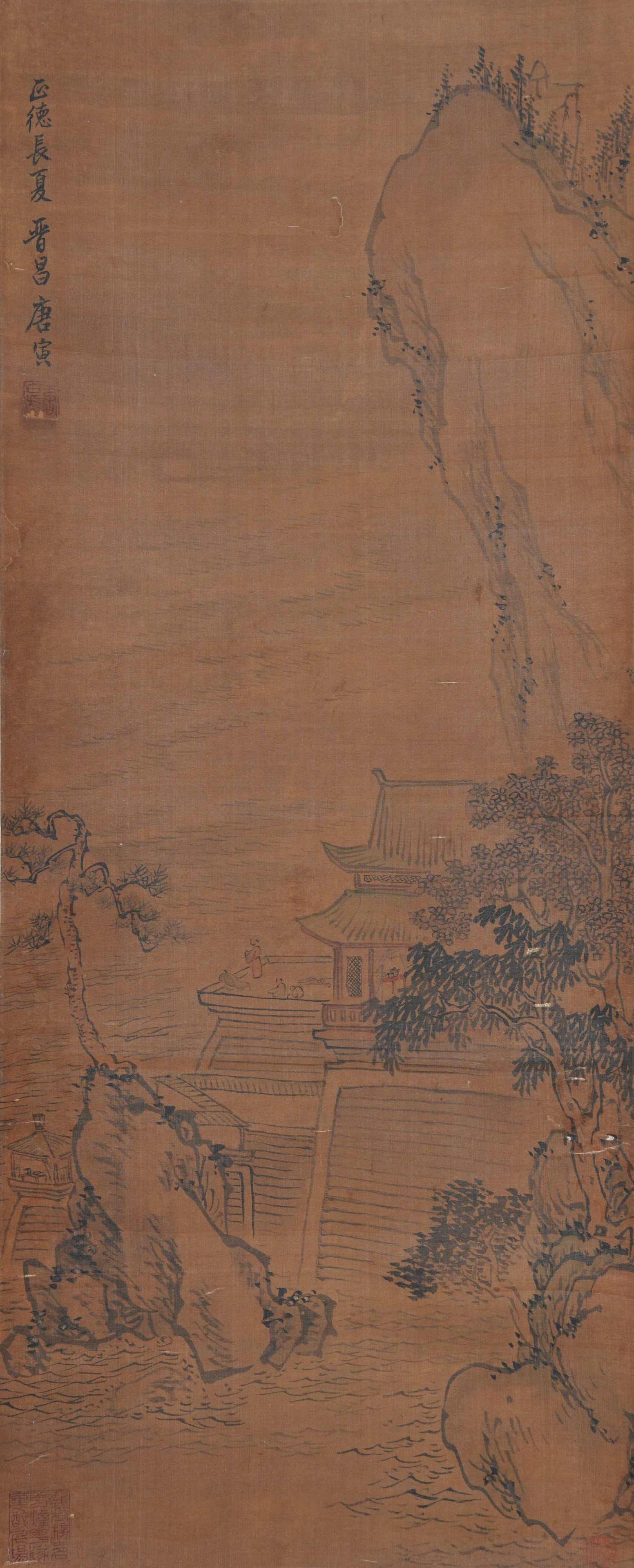 A LANDSCAPE PAINTING ON SILK BY TANG BOHU.唐伯虎: Landscape Painting on Silk by Tang Bohu.唐伯虎