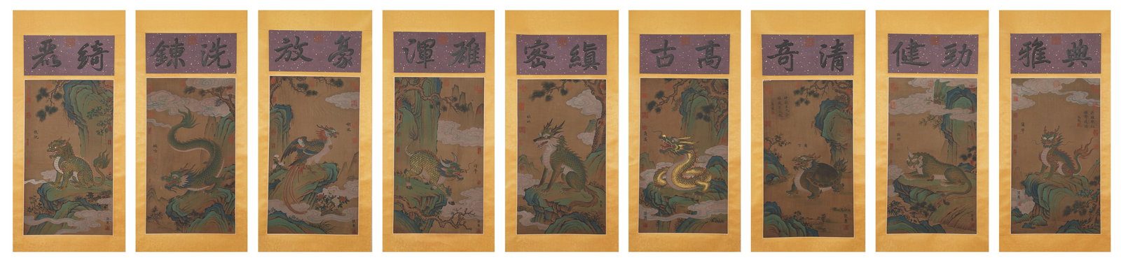 A THE DRAGON GIVING BIRTH TO NINE SONS ON SILK (9 PANELS).: The Dragon Giving Birth to Nine Sons on Silk (9 panels).