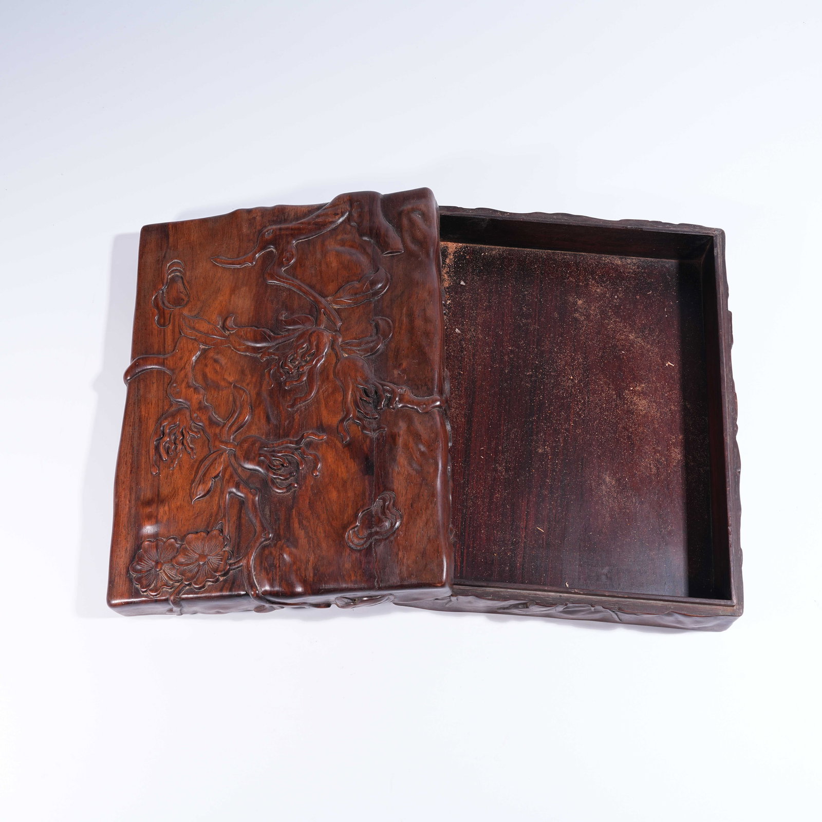 A HUANGHUALI SQUARE COVERED BOX WITH AUSPICIOUS FRUIT MOTIFS: Huanghuali Square Covered Box with Auspicious Fruit Motifs