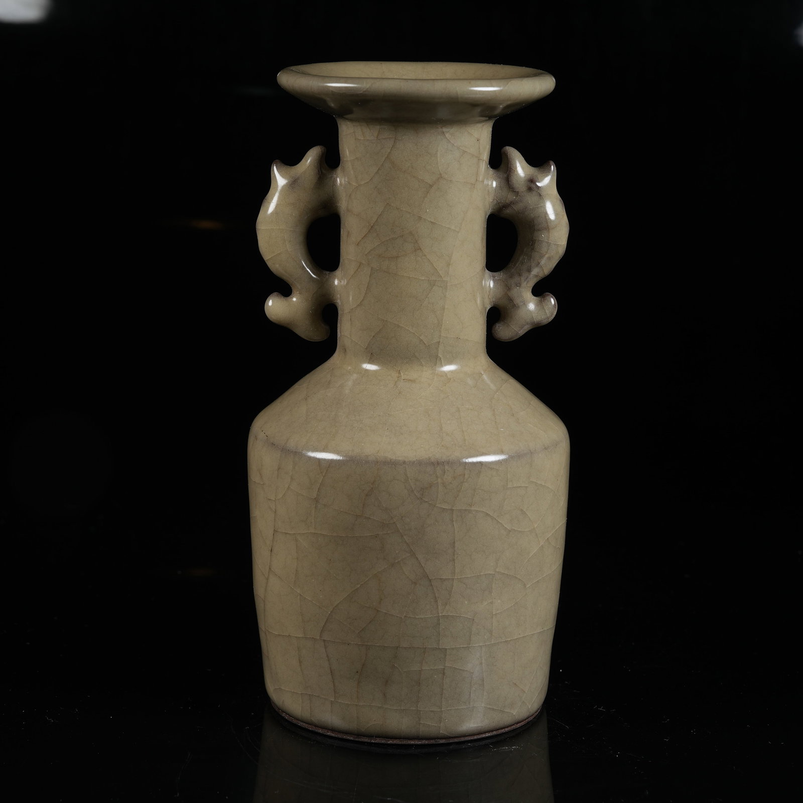 A GE KILN DISH-MOUTH VASE WITH DOUBLE DRAGON EARS: Ge Kiln Dish-mouth Vase with Double Dragon Ears