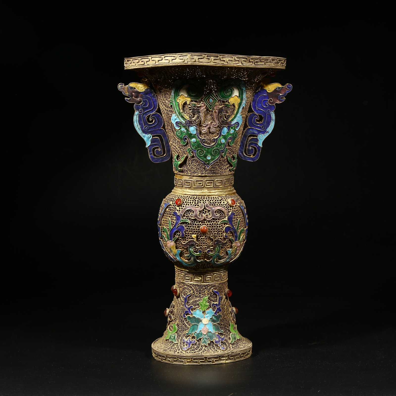 A GILDED SILVER FILIGREE CLOISONNÉ FLOWER VASE WITH DOUBLE DRAGONS HOLDING A LONGEVITY SYMBOL: Gilded silver filigree cloisonné flower vase with double dragons holding a longevity symbol