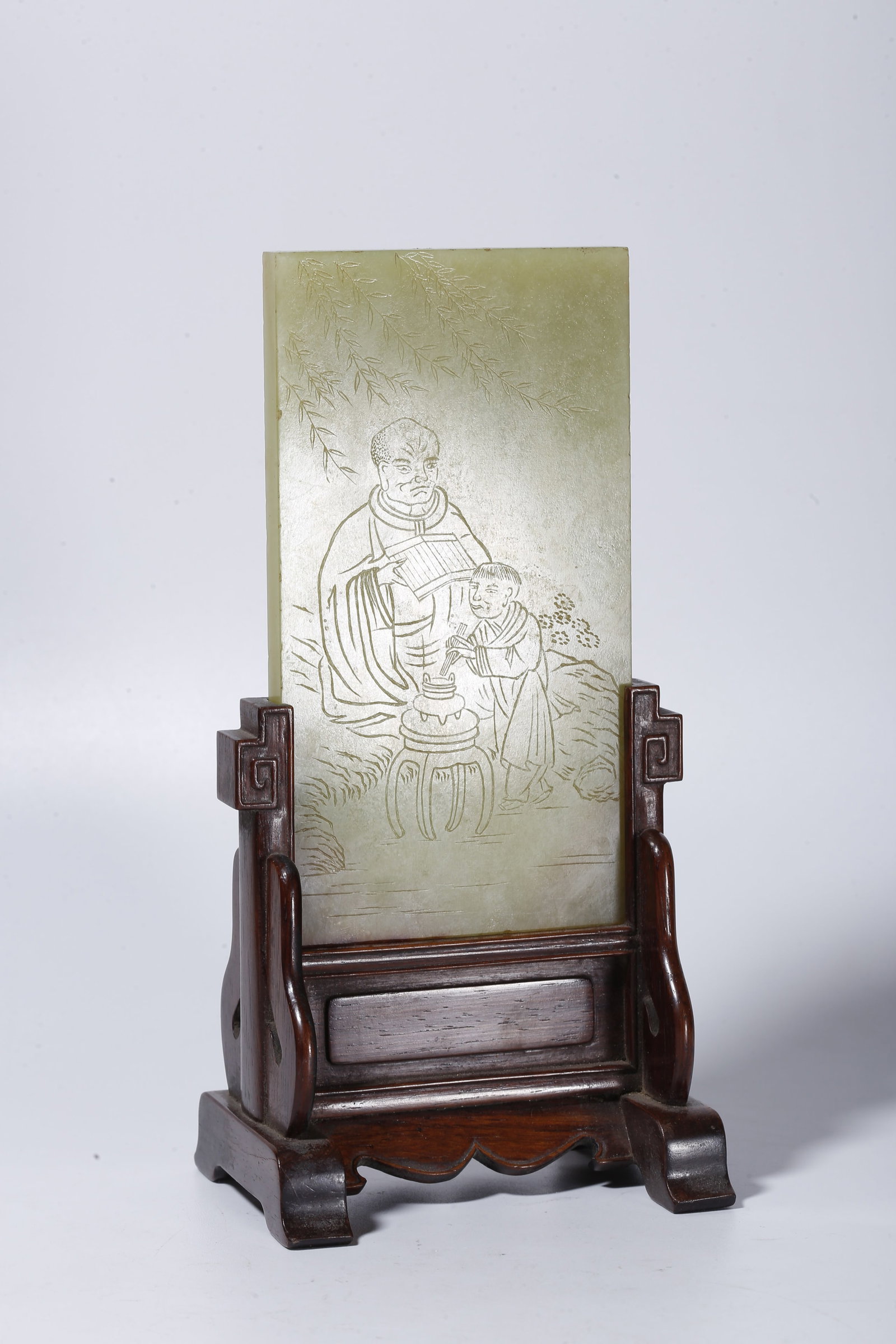 A ZITAN WOOD SCREEN INLAID WITH HETIAN YELLOW JADE CARVED FIGURAL SCENE: Zitan wood screen inlaid with Hetian yellow jade carved figural scene