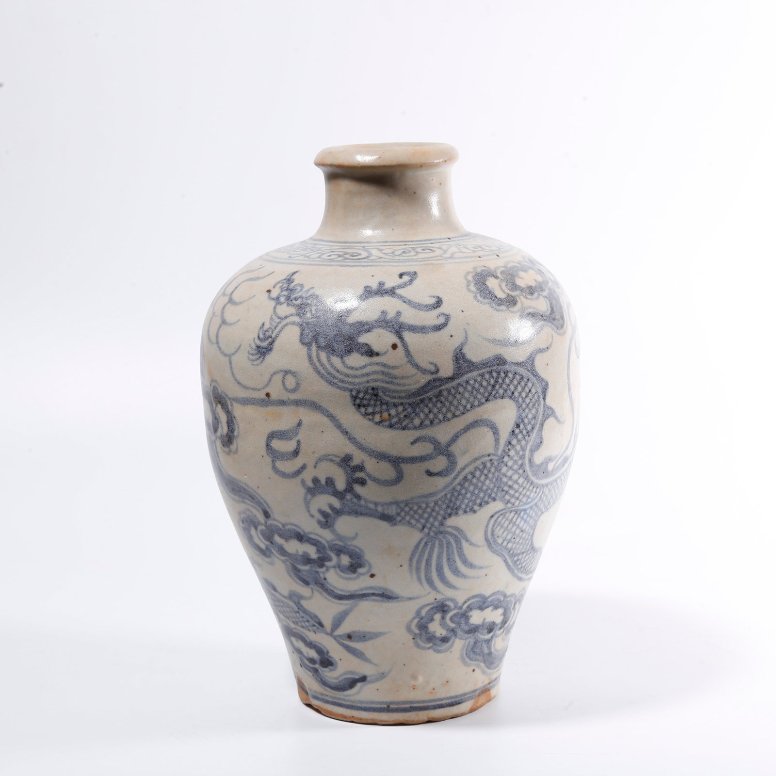 A BLUE AND WHITE VASE WITH CLOUD AND DRAGON PATTERN: Blue and White Vase with Cloud and Dragon Pattern