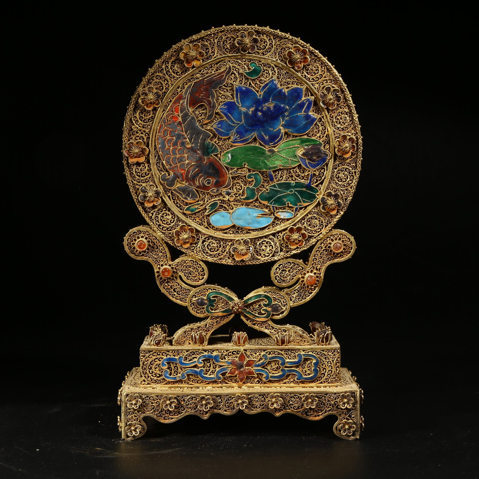 A GILDED SILVER FILIGREE CLOISONNÉ INK SCREEN TITLED ABUNDANCE YEAR AFTER YEAR: Gilded silver filigree cloisonné ink screen titled Abundance Year After Year