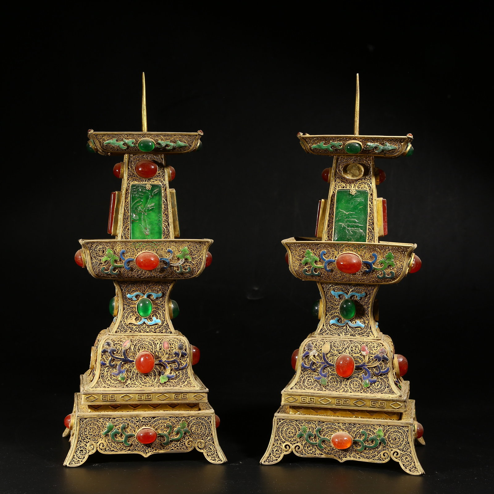 A GILDED SILVER FILIGREE CLOISONNÉ CANDLESTICK SET (1 of 10)