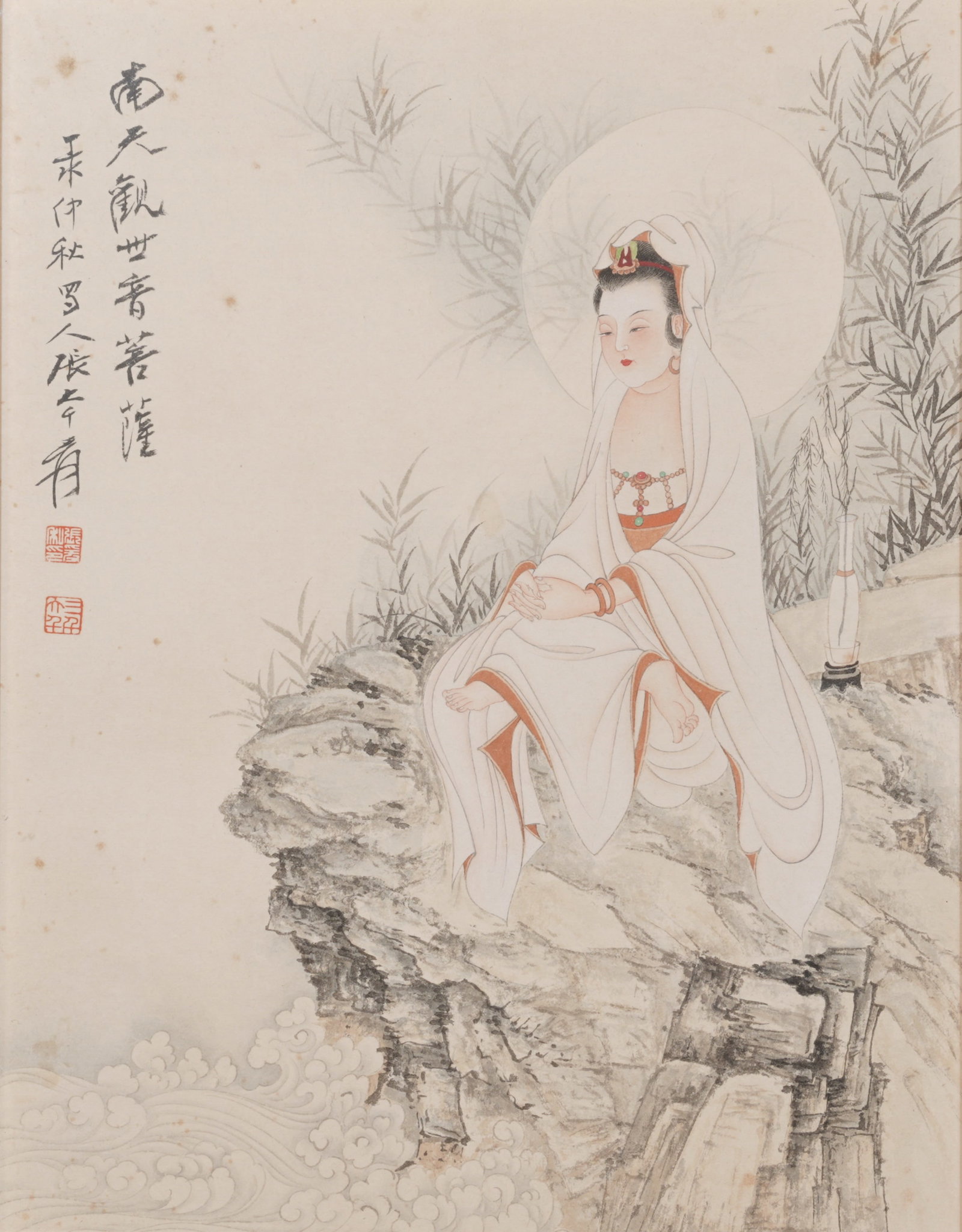 A GUANYIN ON PAPER BY ZHANG DAQIAN (FRAMED).張大千: Guanyin on Paper by Zhang Daqian (framed).張大千