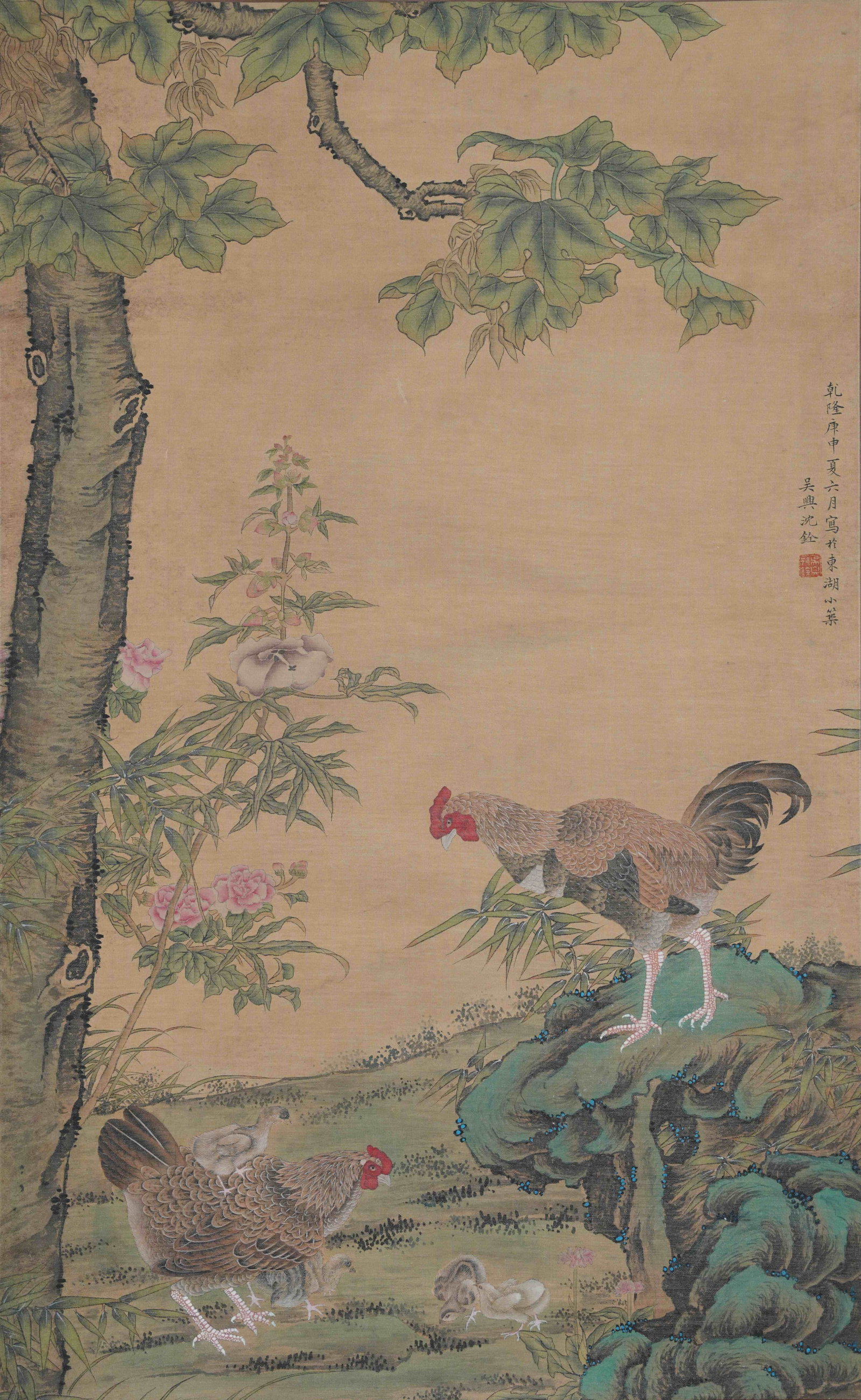 A FLOWER-AND-BIRD PAINTING WITH TWO CHICKENS ON SILK BY SHEN QUAN.沈銓: Flower-and-bird painting with two chickens on silk by Shen Quan.沈銓