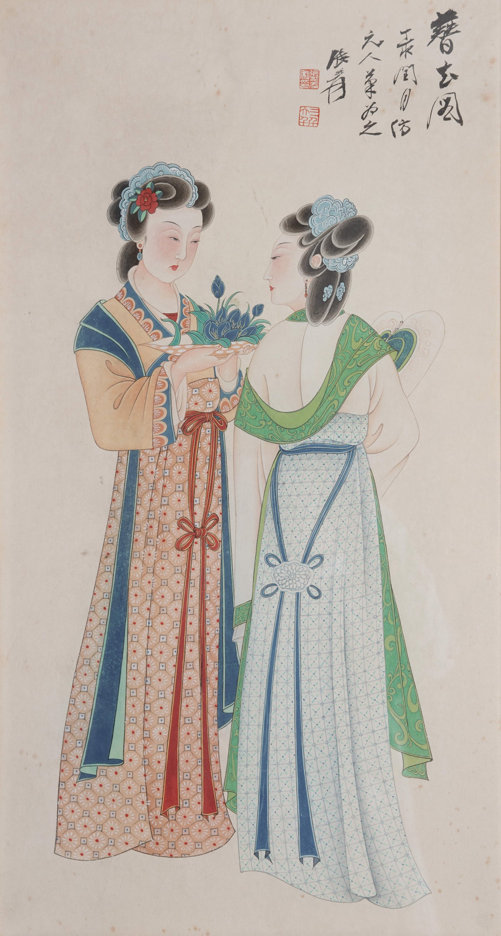 A COURT LADIES ON PAPER BY ZHANG DAQIAN (FRAMED).張大千: Court Ladies on Paper by Zhang Daqian (framed).張大千