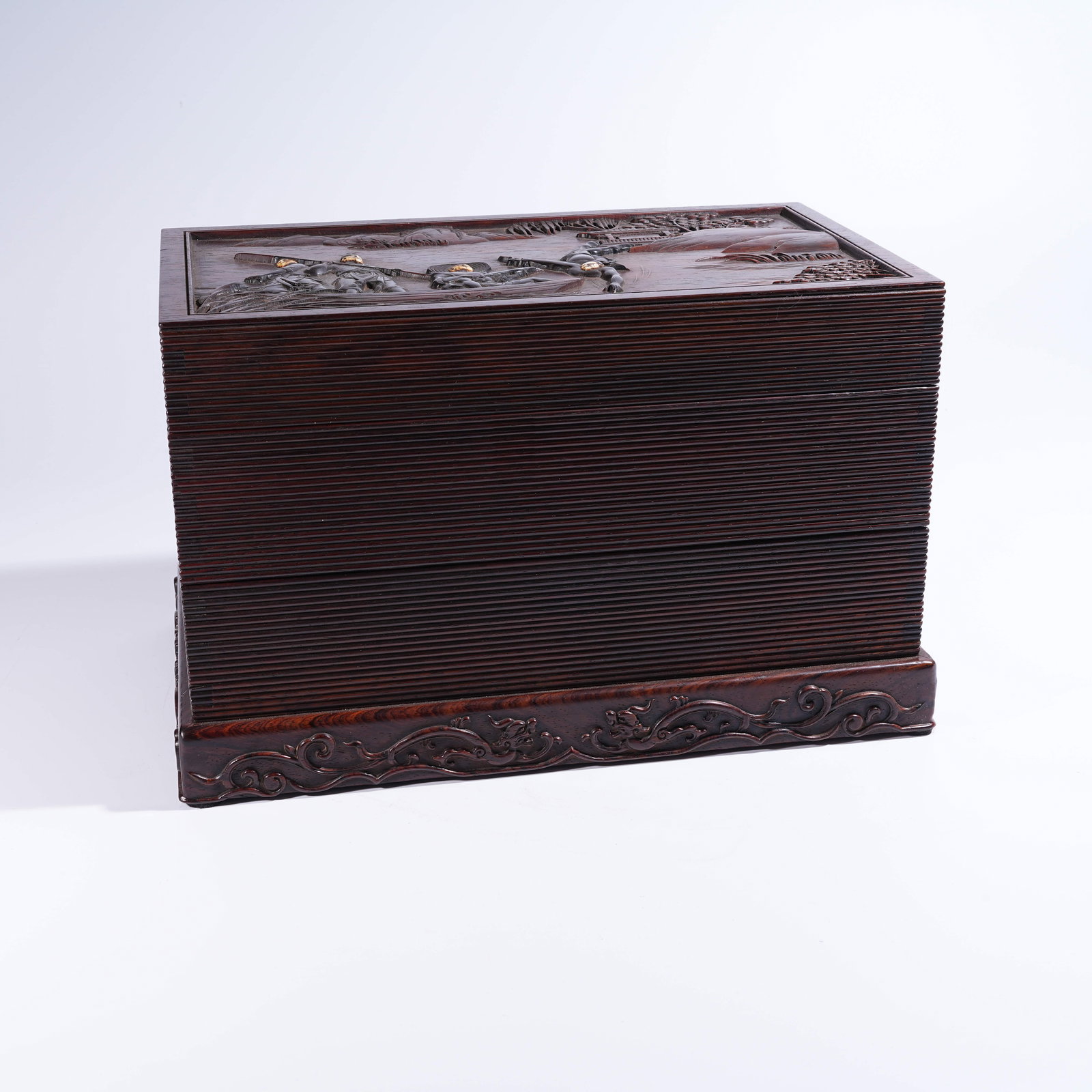 A ZITAN COVERED BOX INLAID WITH GEMS DEPICTING FIGURE NARRATIVE SCENES: Zitan Covered Box Inlaid with Gems Depicting Figure Narrative Scenes