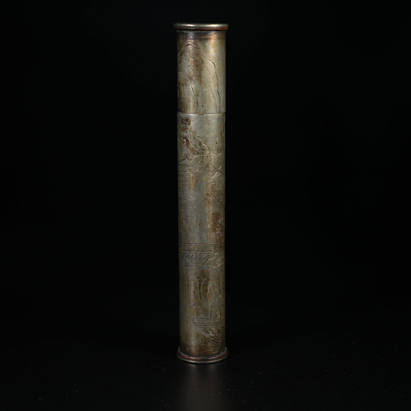 A SILVER INCENSE TUBE WITH LANDSCAPE PATTERNS (1 of 10)
