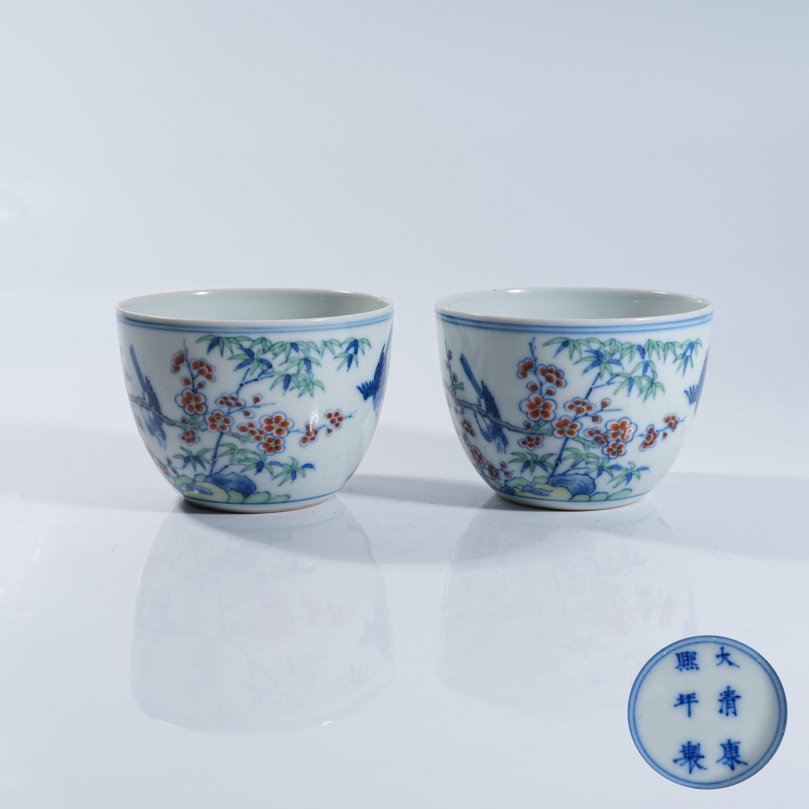 A SET OF DOUCAI CUPS WITH FLOWER AND BIRD PATTERNS (1 of 9)