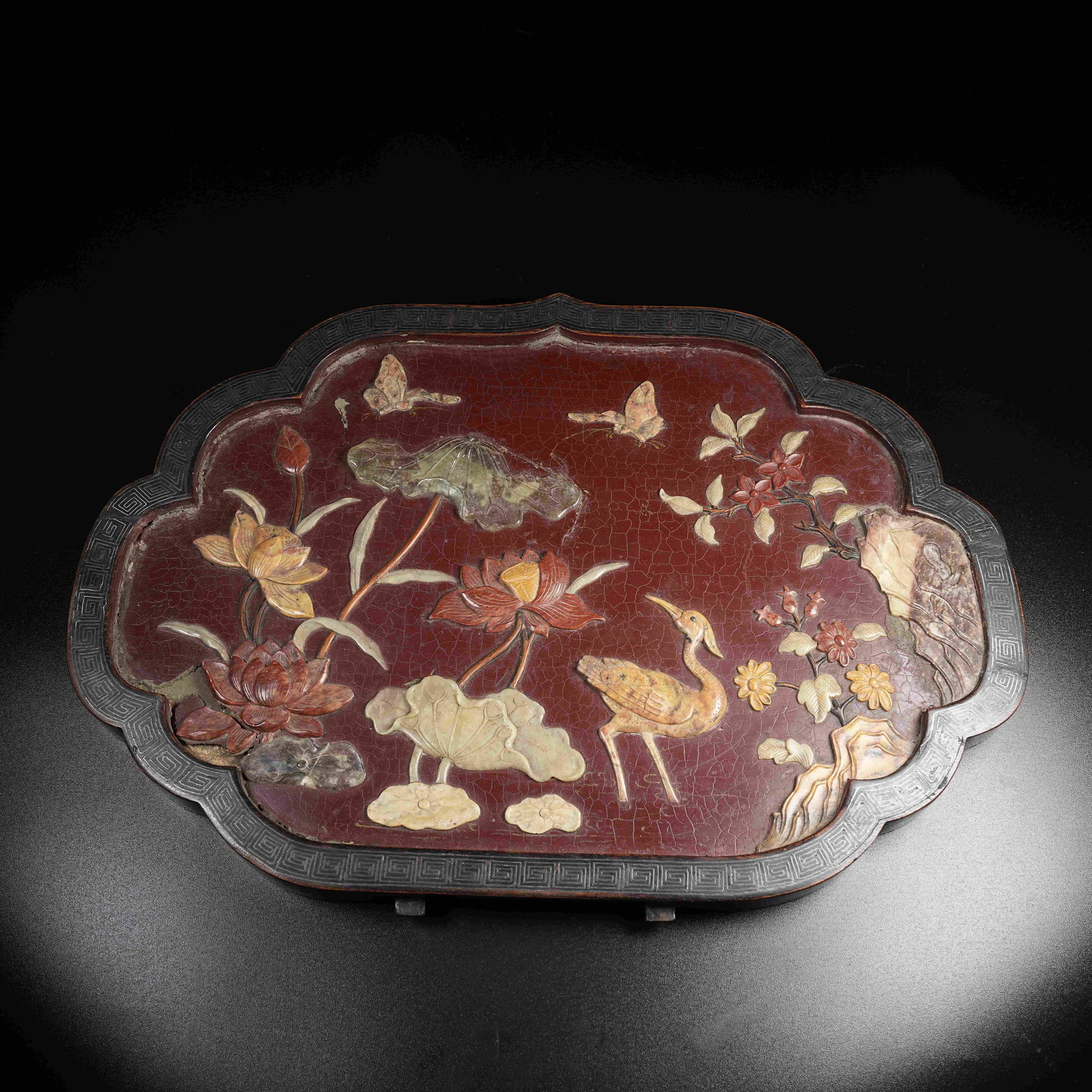 A LACQUER HUNDRED TREASURES INLAID CARVED RED LACQUER HANGING SCREEN WITH LOTUS POND ELEGANCE (1 of 9)