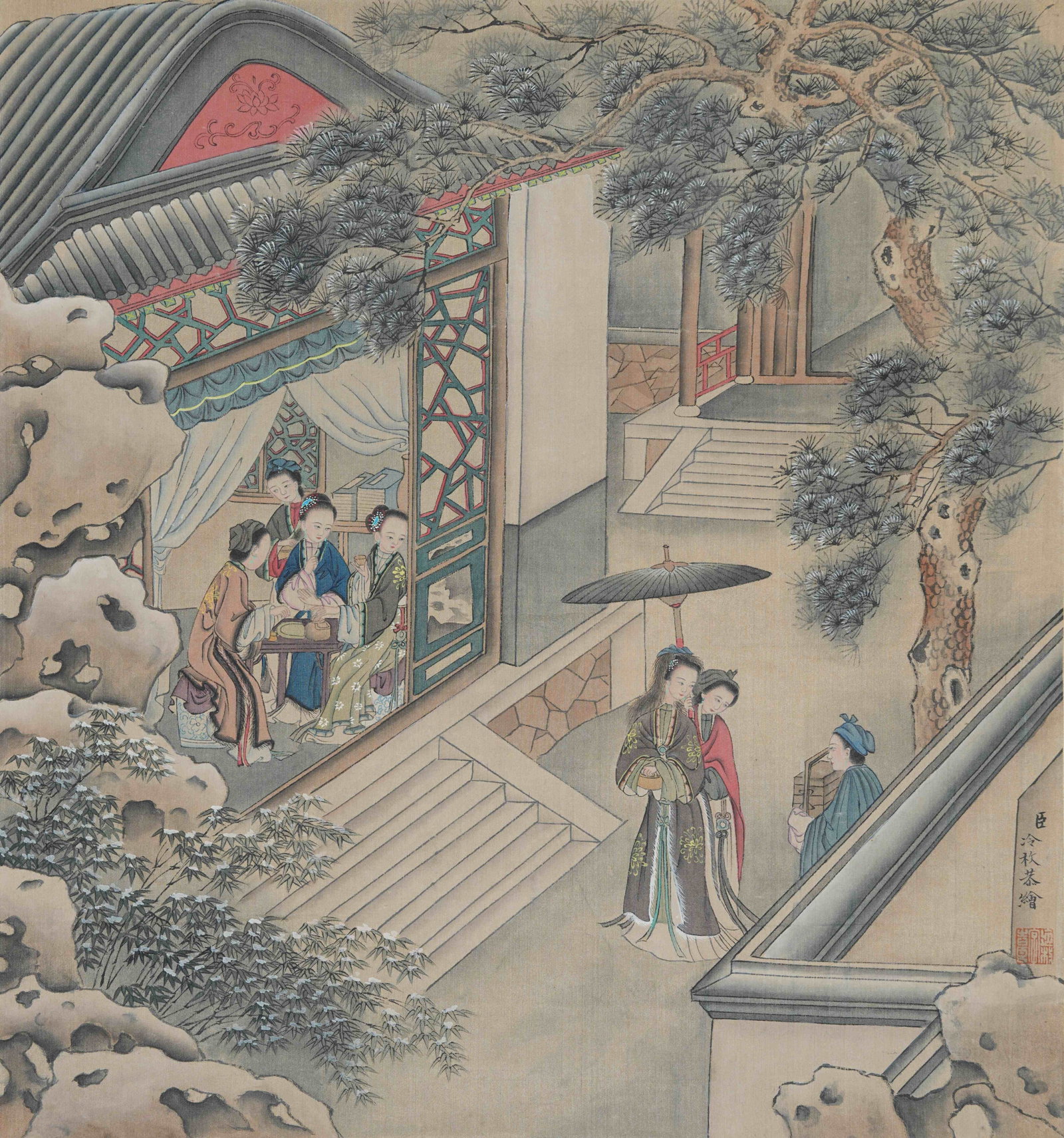 A FIGURE PAINTING ON SILK BY LENG MEI.冷枚: Figure painting on silk by Leng Mei.冷枚
