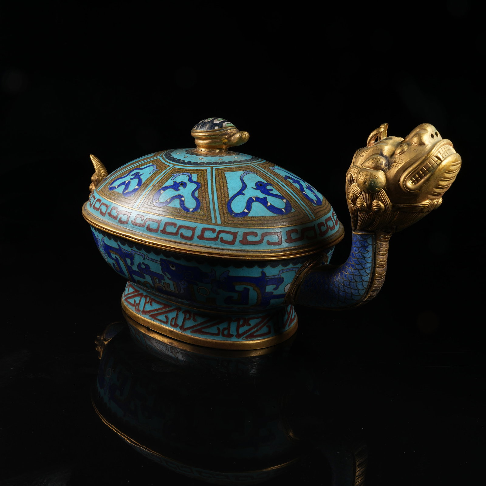 A CLOISONNÉ ENAMEL BEAST-MASK DRAGON-TURTLE COVERED BOX (COPPER BODY) (1 of 6)