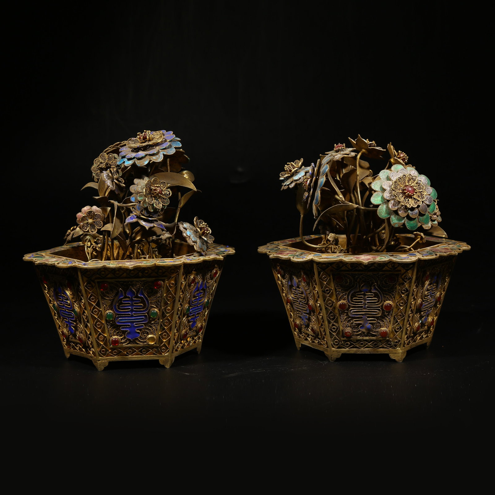 A GILDED SILVER FILIGREE CLOISONNÉ BONSAI ORNAMENT SET: Gilded silver filigree cloisonné bonsai ornament set