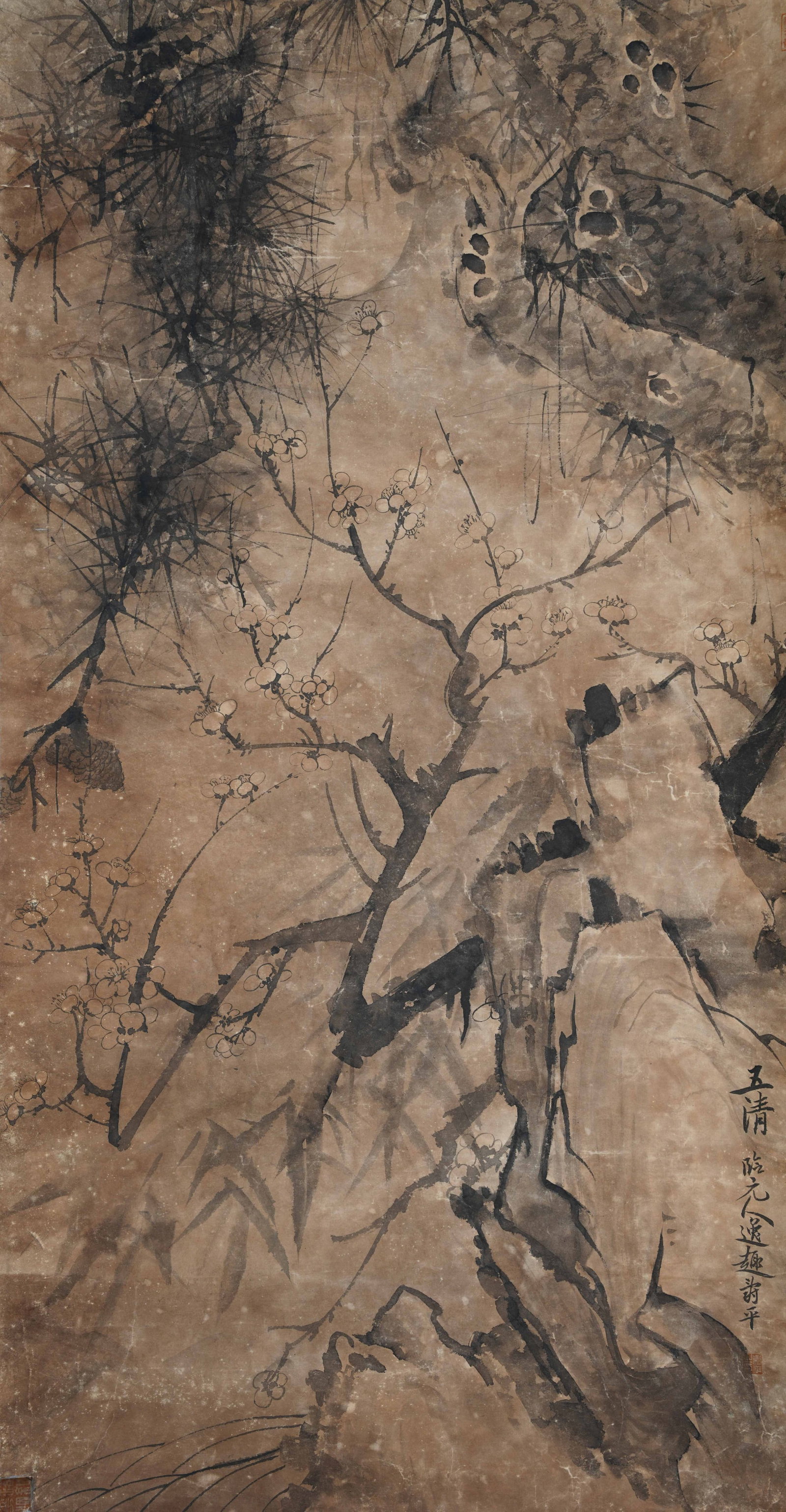 A THREE FRIENDS OF WINTER PAINTING ON PAPER BY YUN SHOUPING.惲壽平: Three Friends of Winter painting on paper by Yun Shouping.惲壽平