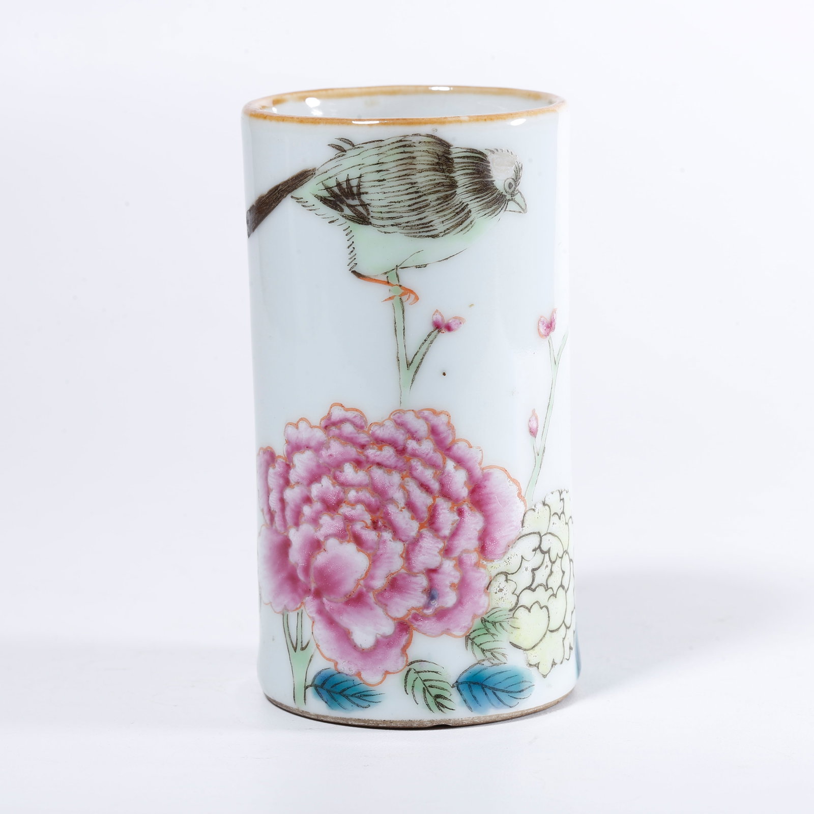 A FAMILLE-ROSE FLOWER-AND-BIRD BRUSH HOLDER (1 of 9)