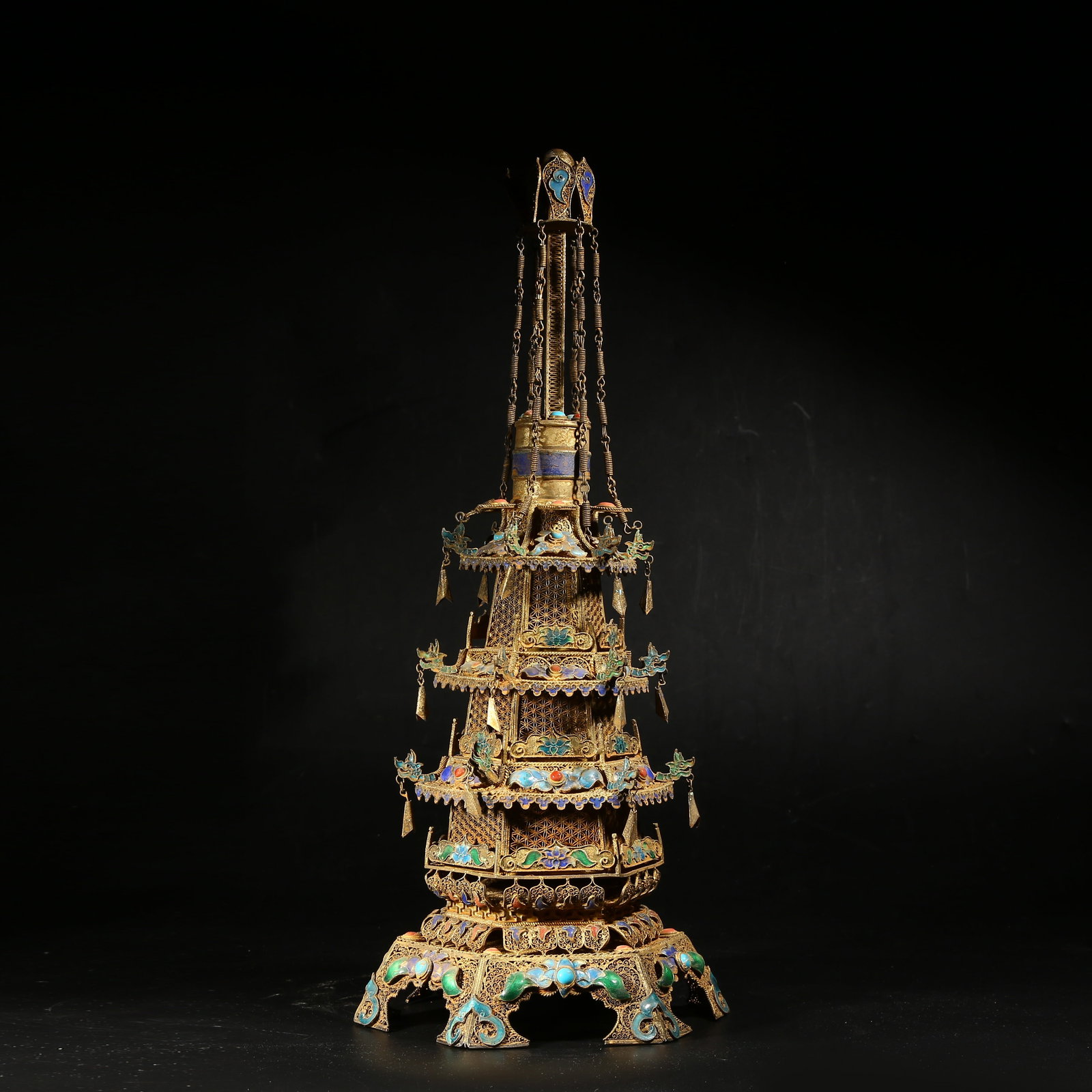 A GILDED SILVER FILIGREE CLOISONNÉ STUPA (1 of 8)