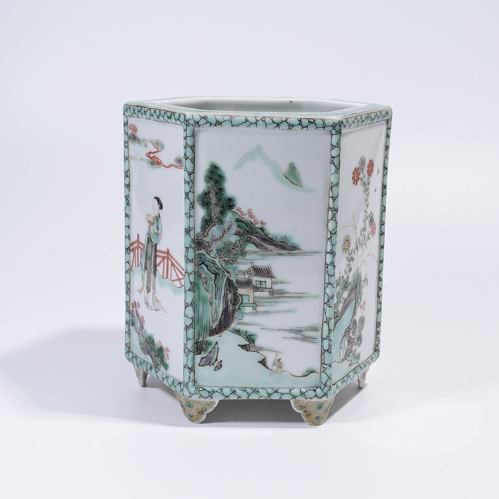 A WUCAI HEXAGONAL BRUSH POT WITH LANDSCAPE AND BEAUTY PATTERN (1 of 8)