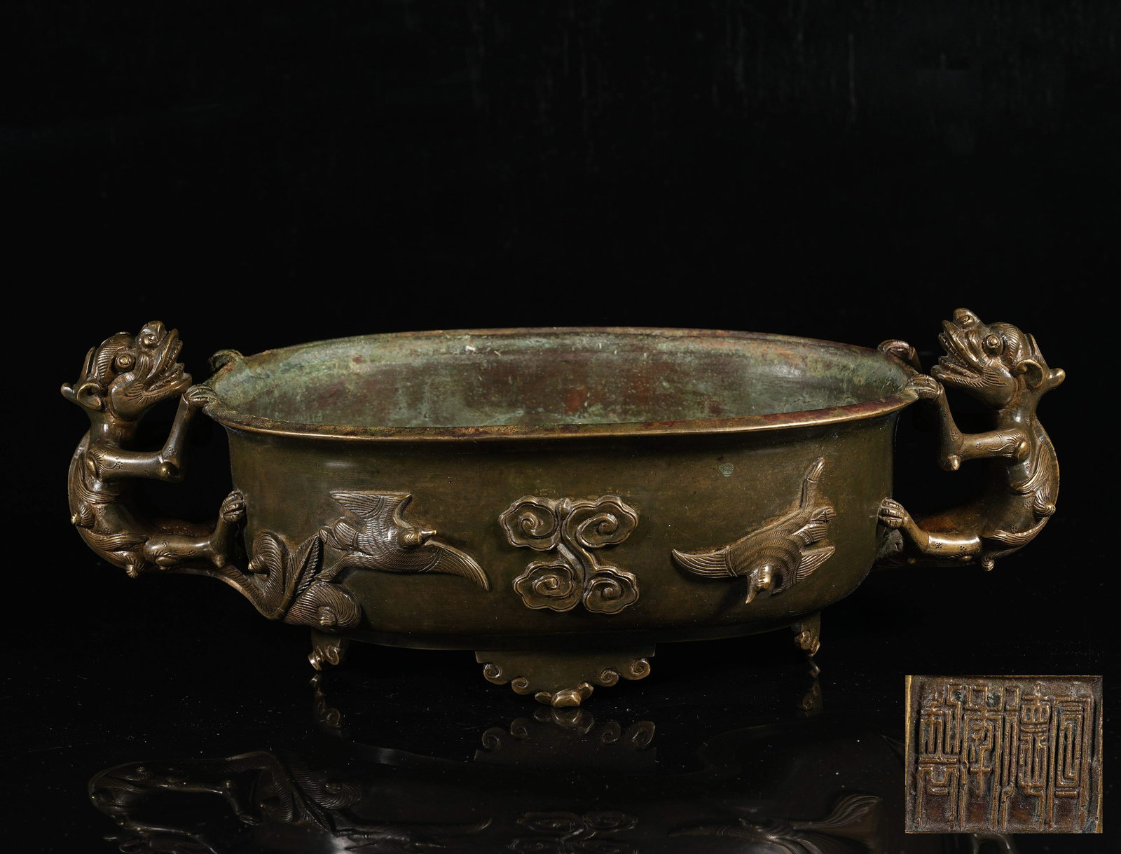 A COPPER FOUR-FOOT CENSER WITH CHILONG EARS (1 of 10)
