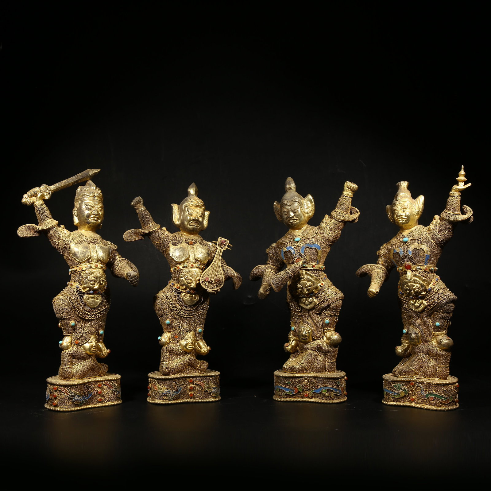 A GILDED SILVER FILIGREE CLOISONNÉ SET OF THE FOUR HEAVENLY KINGS (1 of 11)