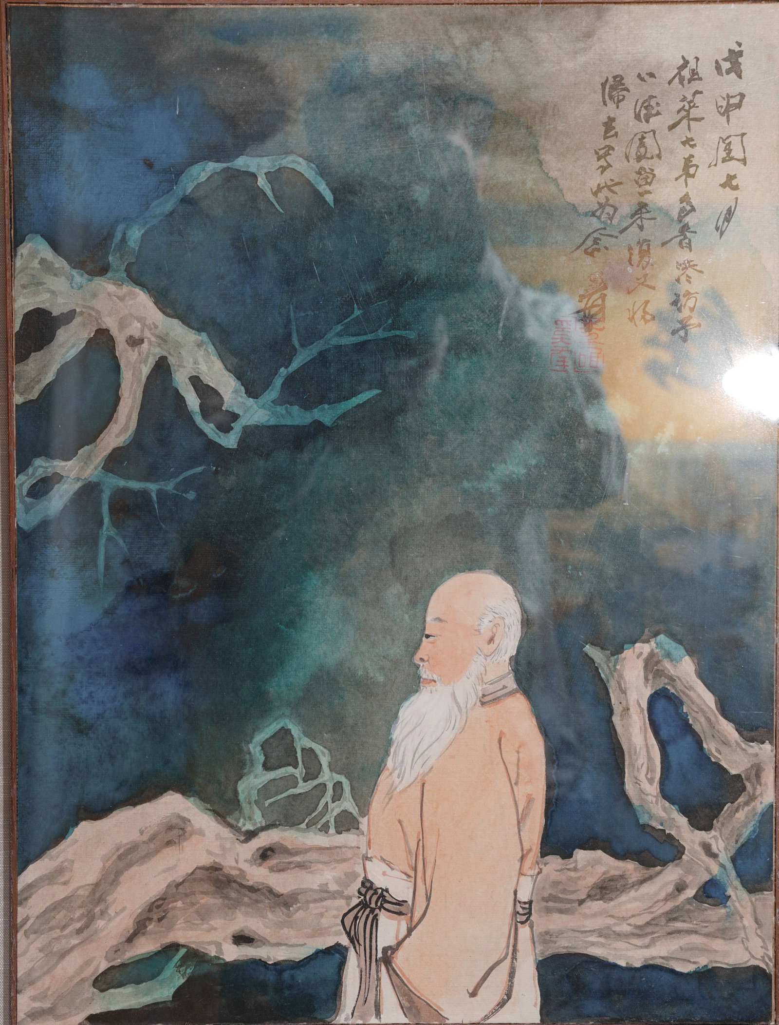 A FIGURE PAINTING ON PAPER BY ZHANG DAQIAN (FRAMED).張大千: Figure Painting on Paper by Zhang Daqian (framed).張大千