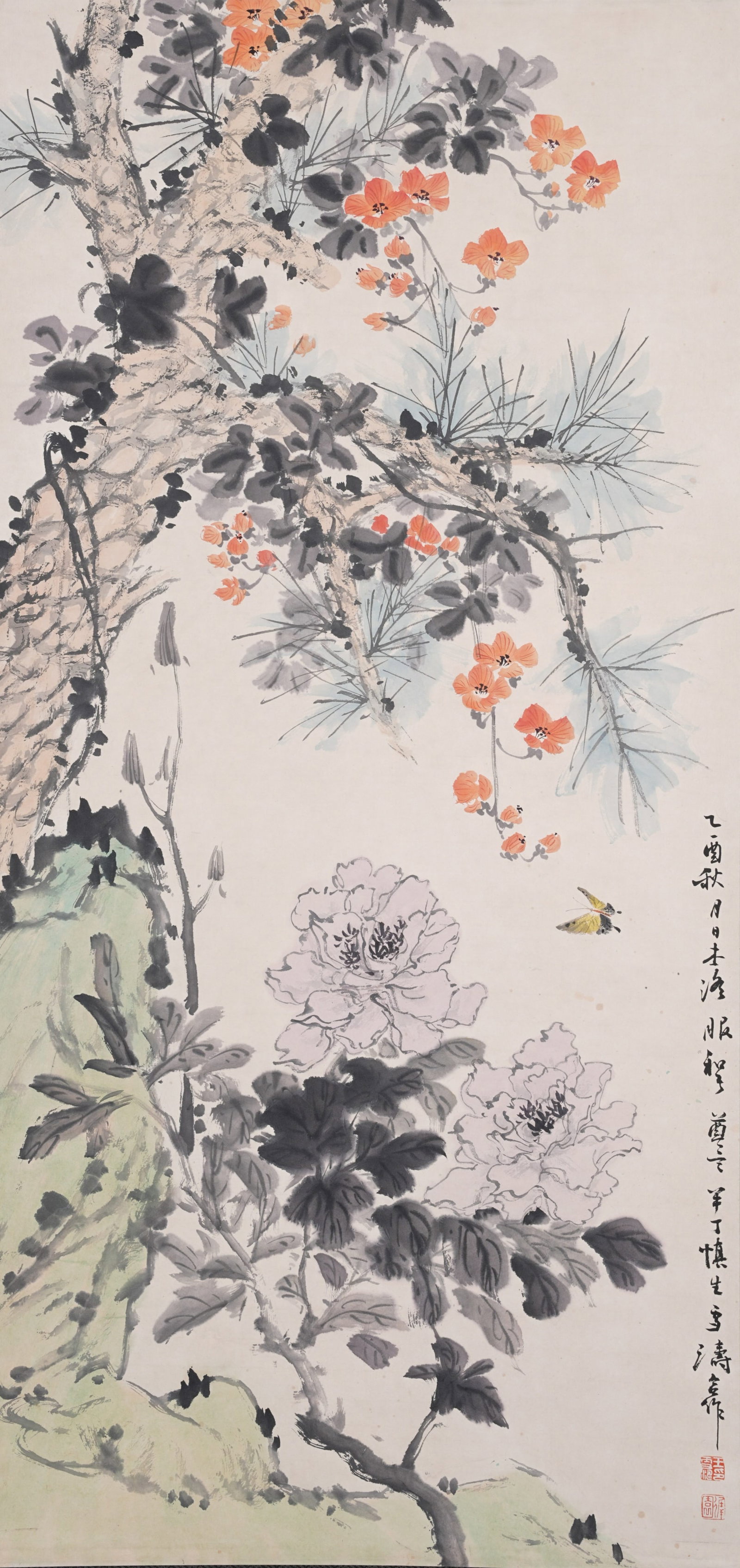 A FLOWERS AND BUTTERFLIES ON PAPER BY WANG XUETAO.王雪濤: Flowers and Butterflies on Paper by Wang Xuetao.王雪濤