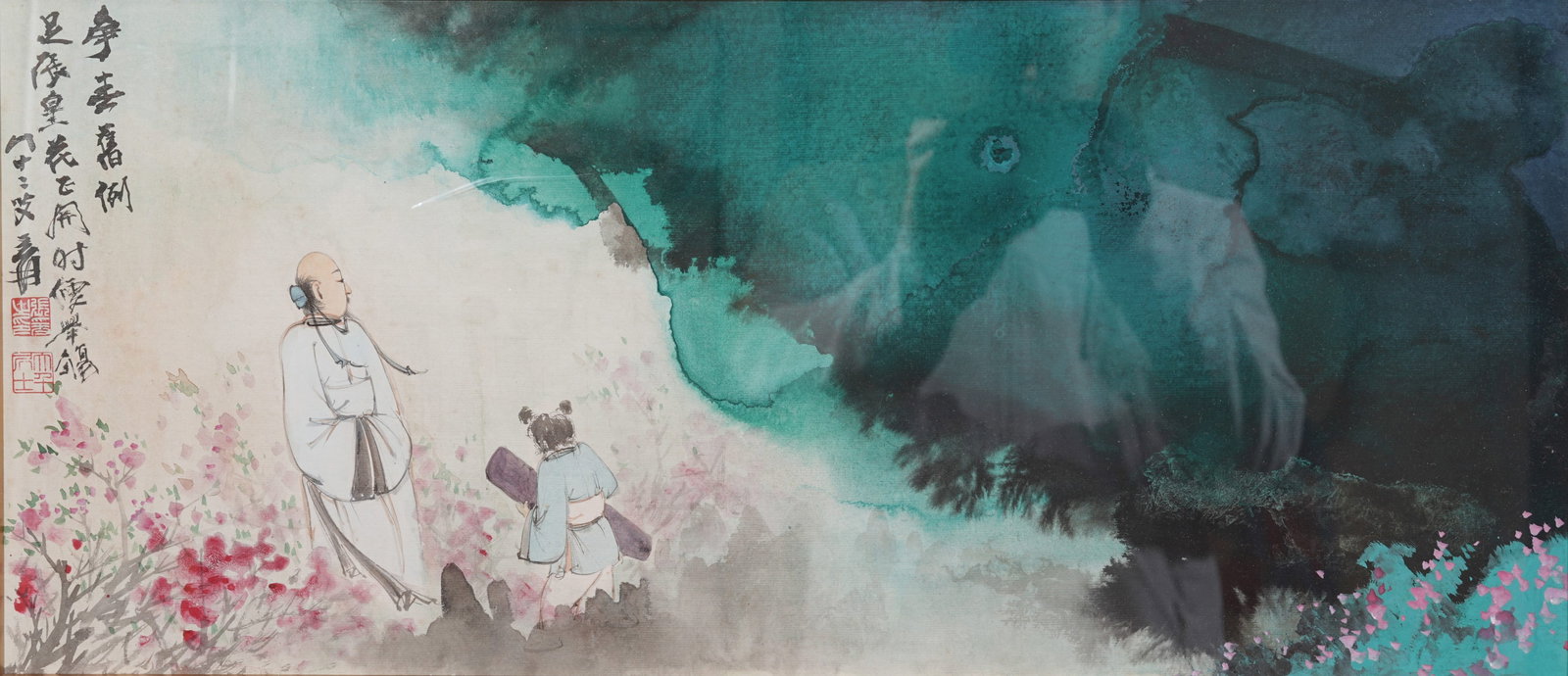 A SPLASHED-COLOR LANDSCAPE WITH FIGURES ON PAPER BY ZHANG DAQIAN (FRAMED).張大千: Splashed-Color Landscape with Figures on Paper by Zhang Daqian (framed).張大千