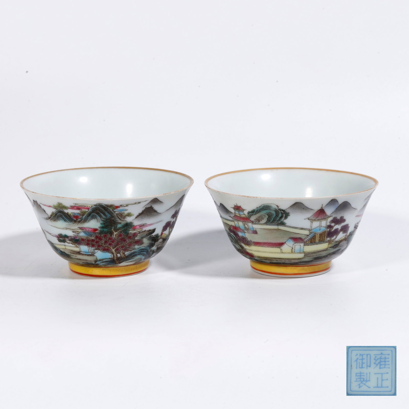 A FAMILLE-ROSE CUPS WITH LANDSCAPE AND PAVILION MOTIFS (PAIR) (1 of 9)