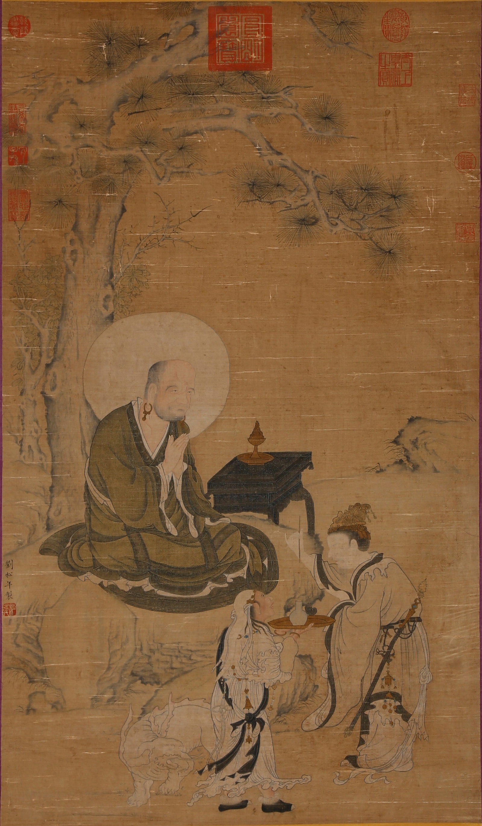 A ARHAT PAINTING ON SILK BY LIU SONGNIAN.劉松年: Arhat painting on silk by Liu Songnian.劉松年
