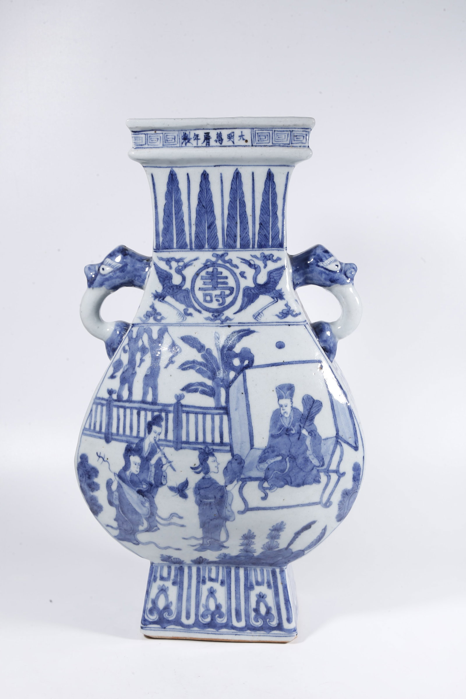 A BLUE-AND-WHITE FIGURAL NARRATIVE ZUN VASE WITH DOUBLE BEAST-HEAD HANDLES: Blue-and-white figural narrative zun vase with double beast-head handles