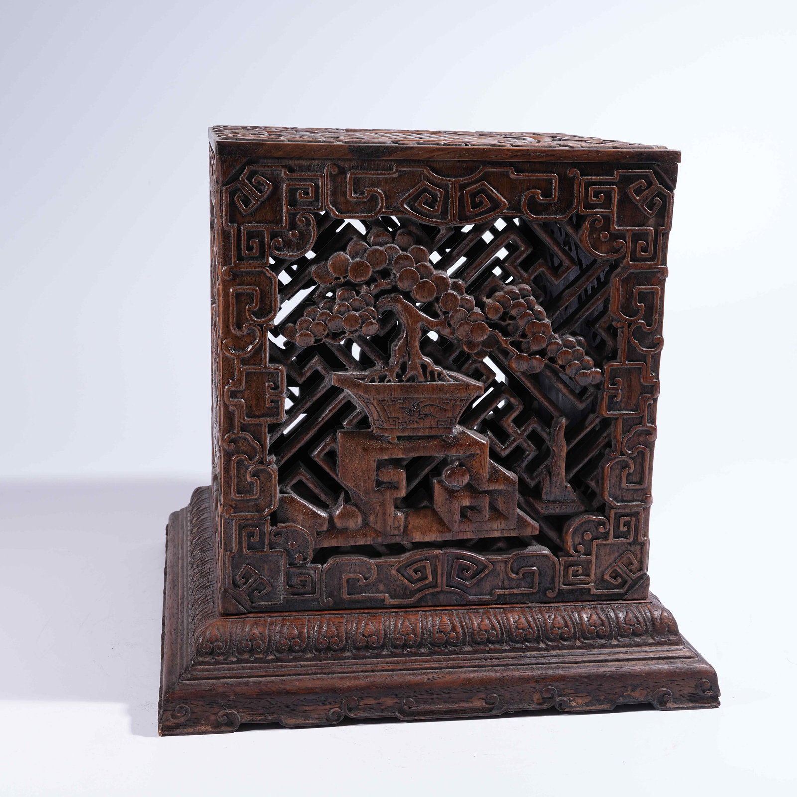 A HUANGHUALI OPENWORK SEAL BOX WITH "FU AND SHOU" MOTIFS: Huanghuali Openwork Seal Box with "Fu and Shou" Motifs