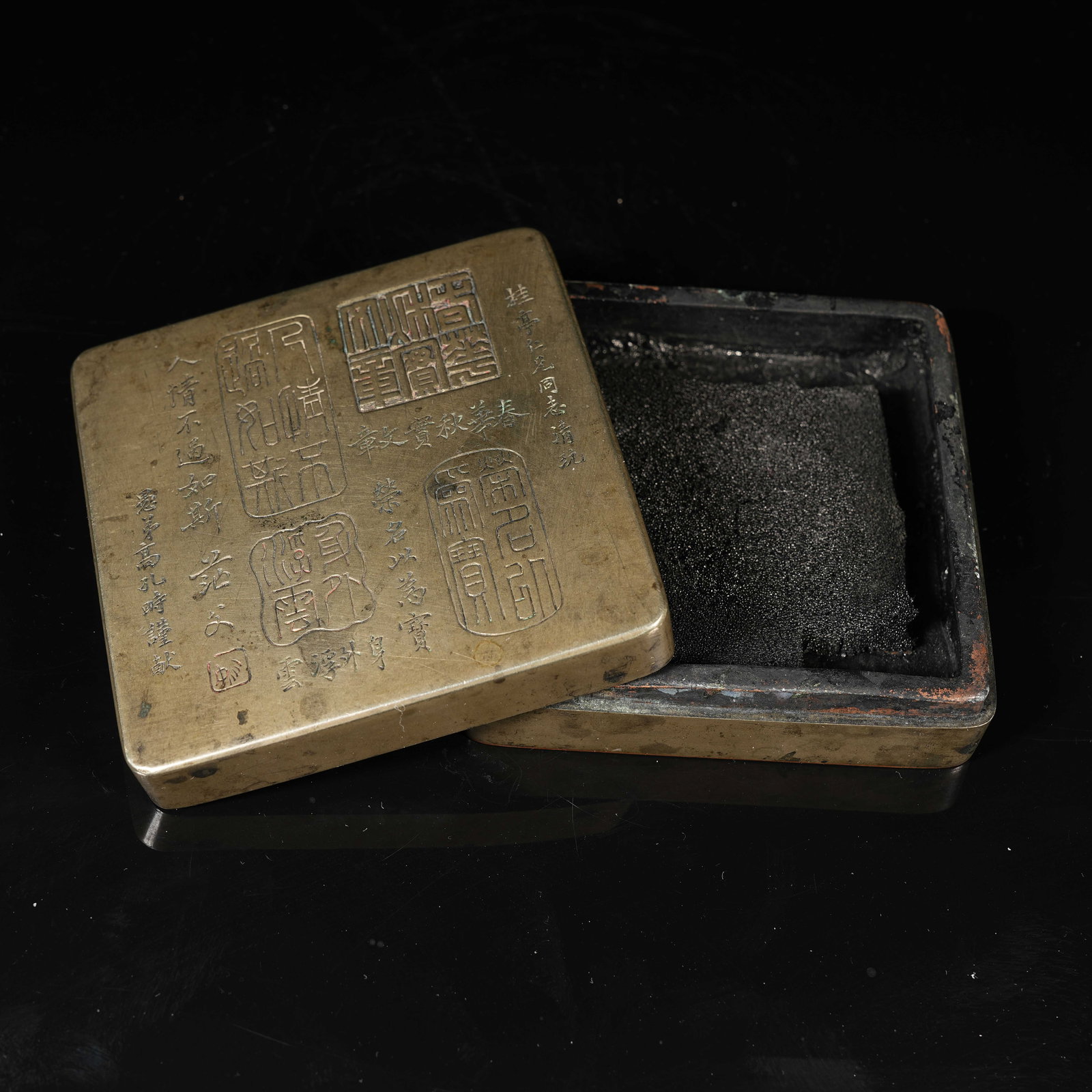 A COPPER INK BOX WITH CARVED INSCRIPTIONS: Copper Ink Box with Carved Inscriptions