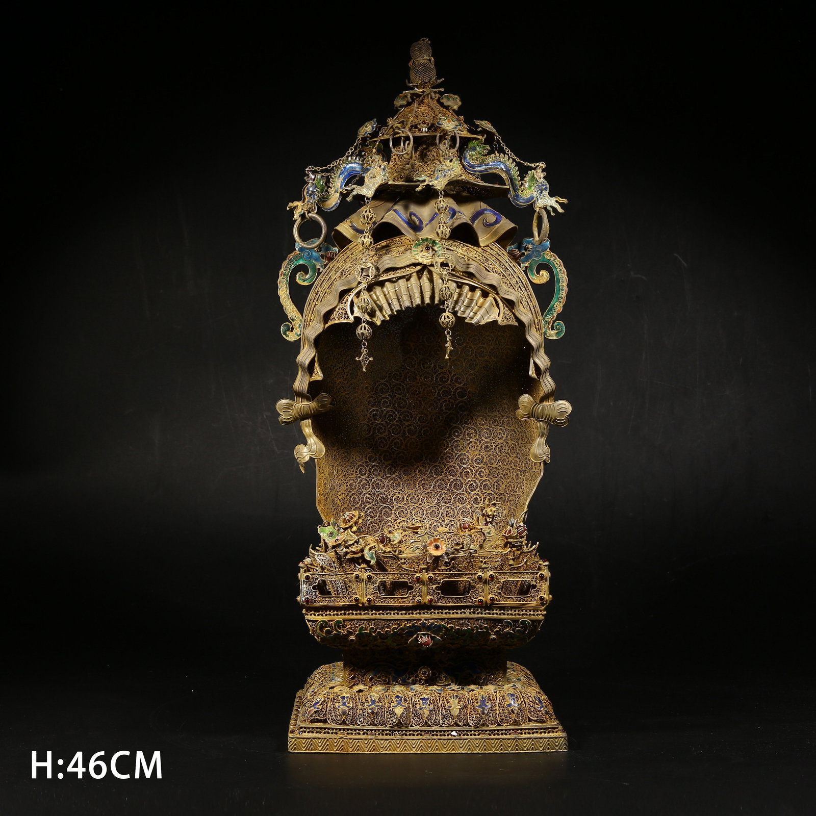 A GILDED SILVER FILIGREE CLOISONNÉ BUDDHIST SHRINE: Gilded silver filigree cloisonné Buddhist shrine