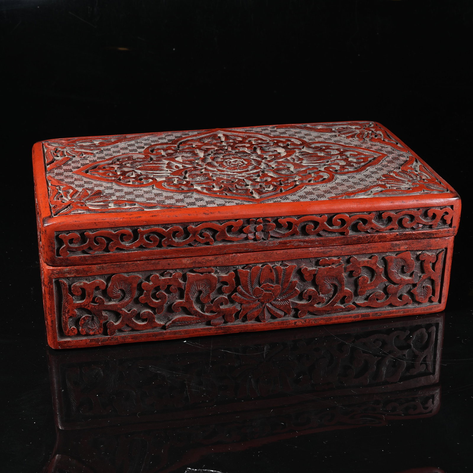 A SQUARE COVERED BOX WITH CARVED RED LACQUER FLORAL PATTERN (1 of 10)