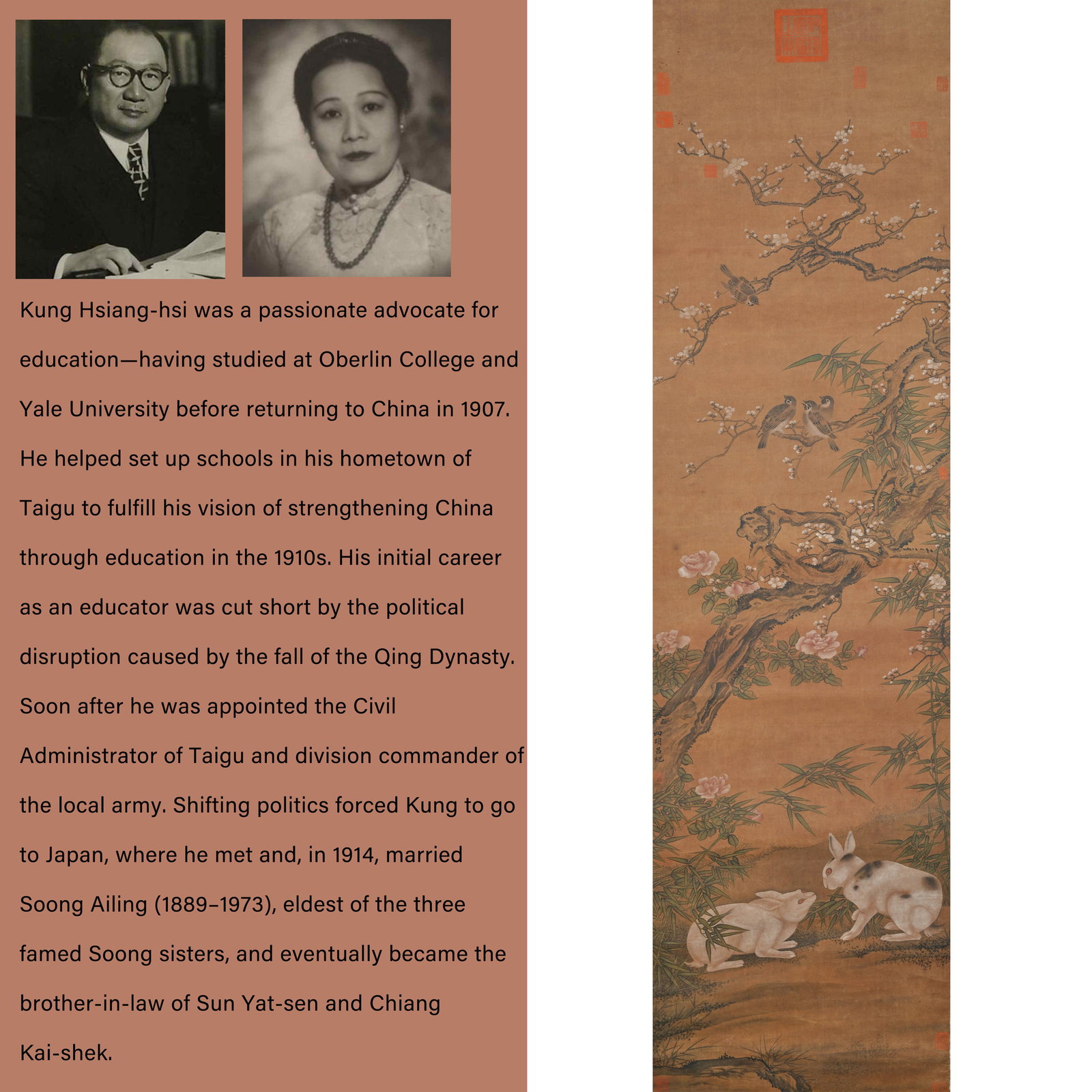A FLOWER-AND-BIRD PAINTING WITH TWO RABBITS ON SILK BY LV JI.呂紀: Flower-and-bird painting with two rabbits on silk by Lv Ji.呂紀. PROVENANCE: Highlight of this sale is part of the collection of K'ung Hsiang-Hsi (Kong Xiangxi, 孔祥熙, 1