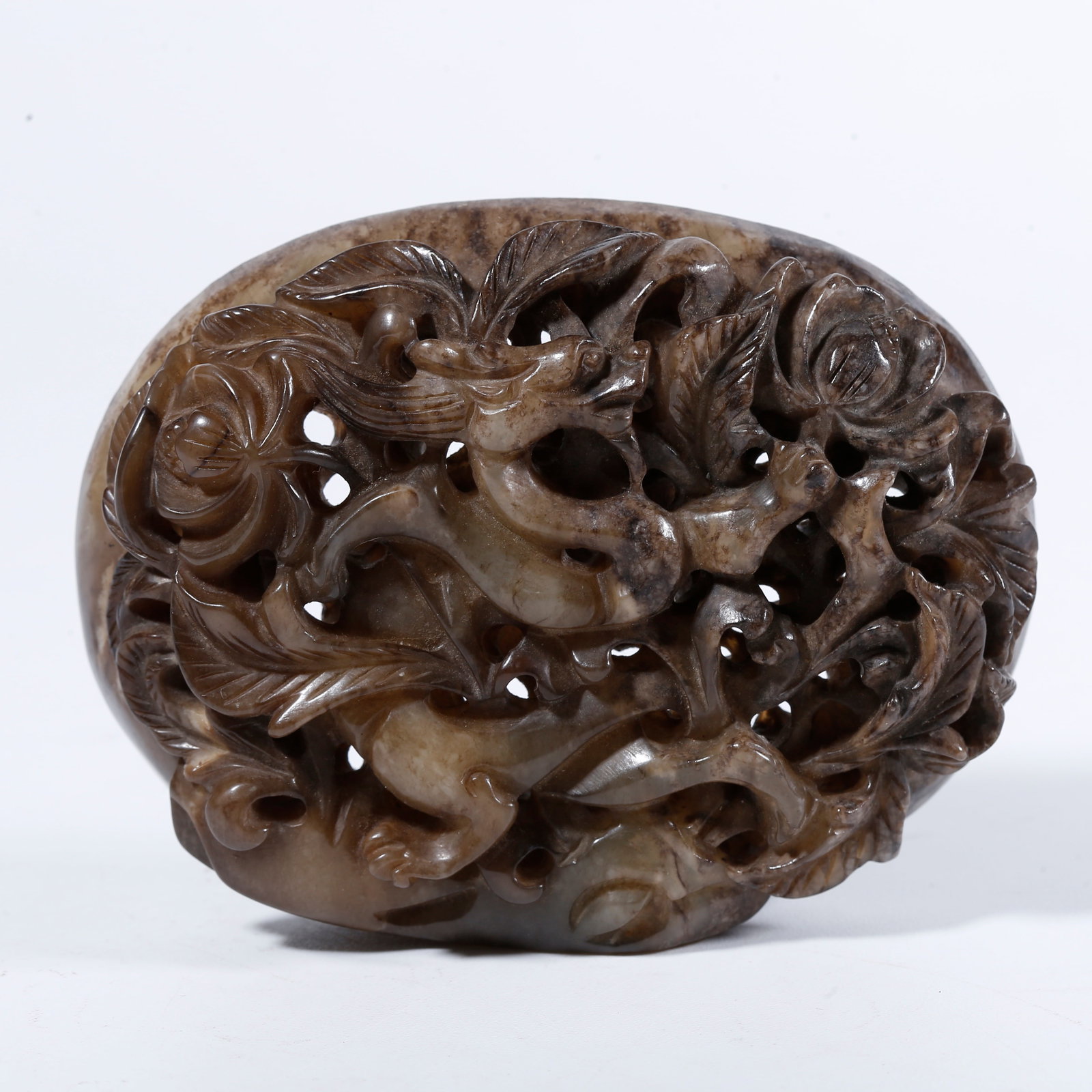 A HETIAN JADE CARVED OPENWORK FLORAL DRAGON CENSER FINIAL: Hetian jade carved openwork floral dragon censer finial