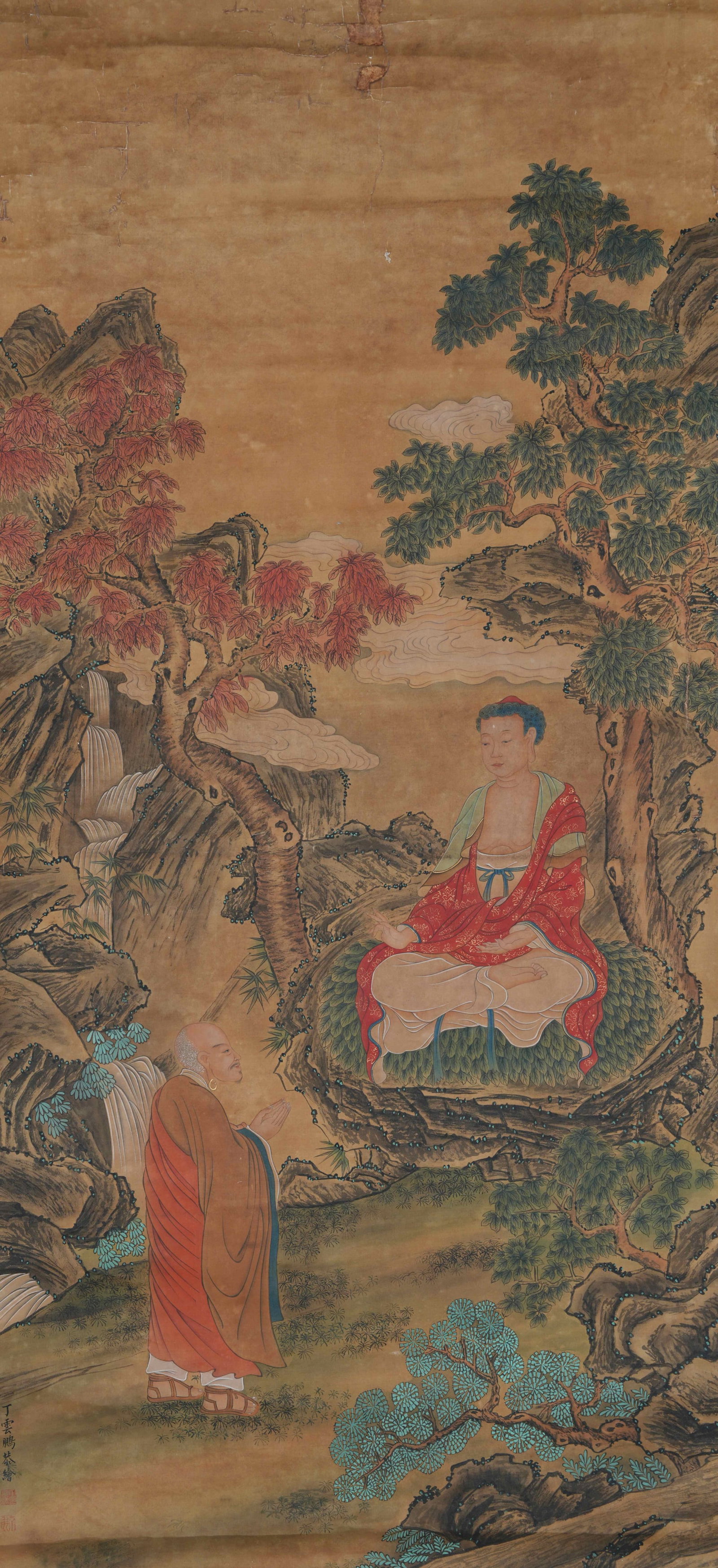 A BUDDHA PAINTING ON SILK BY DING YUNPENG.丁雲鵬: Buddha painting on silk by Ding Yunpeng.丁雲鵬