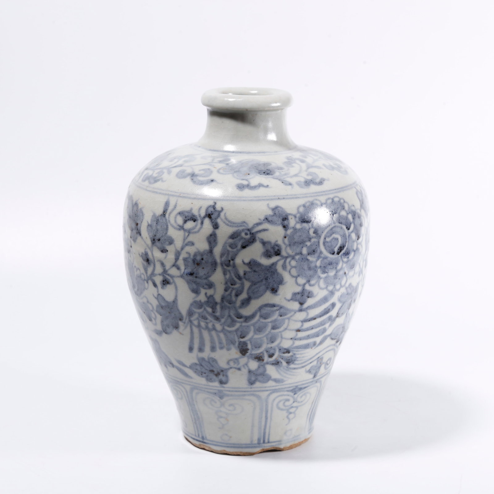 A BLUE AND WHITE VASE WITH PHOENIX PIERCING FLORAL PATTERN: Blue and White Vase with Phoenix Piercing Floral Pattern
