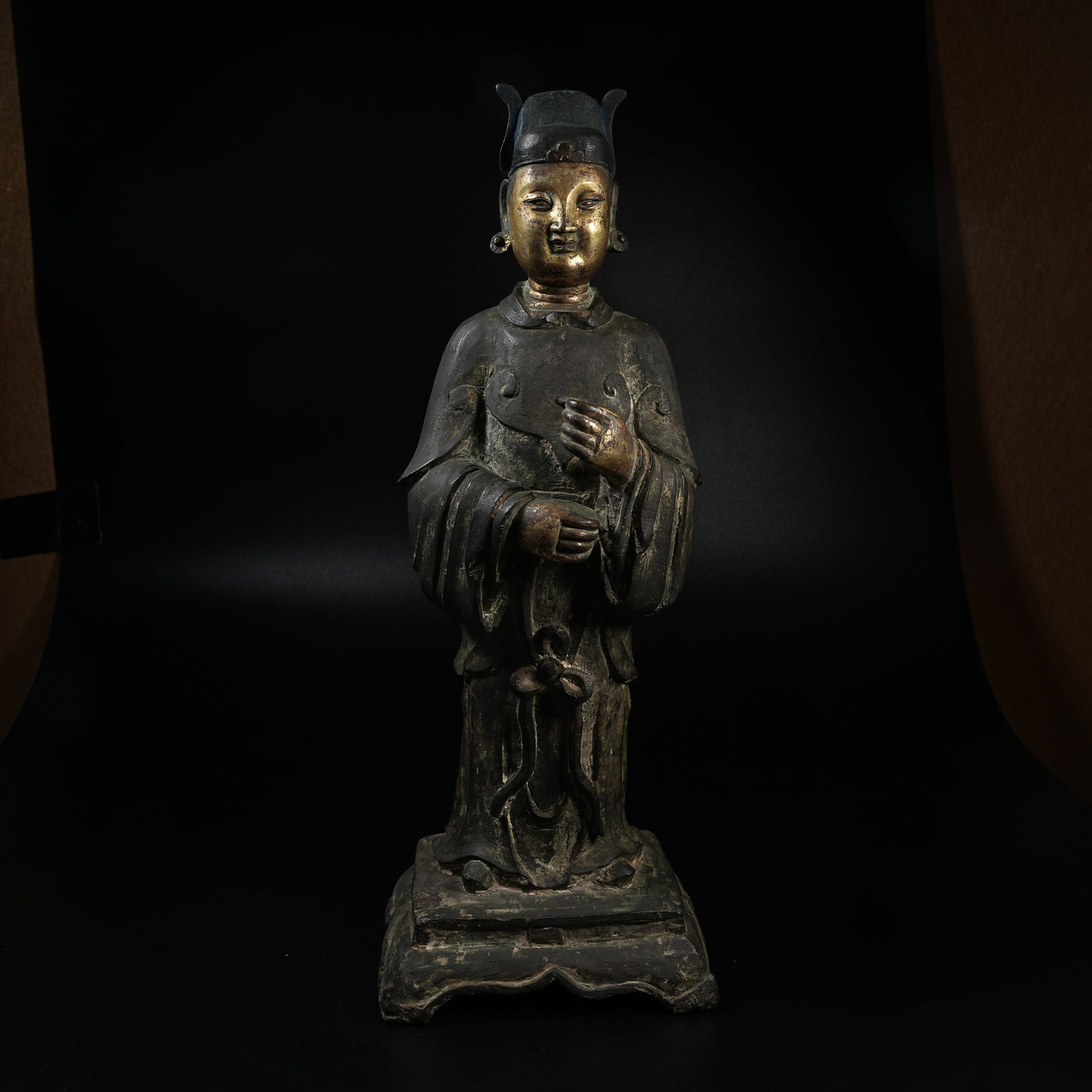 A PARTIALLY GILT BRONZE STANDING STATUE OF ZHOU CANG: Partially Gilt Bronze Standing Statue of Zhou Cang