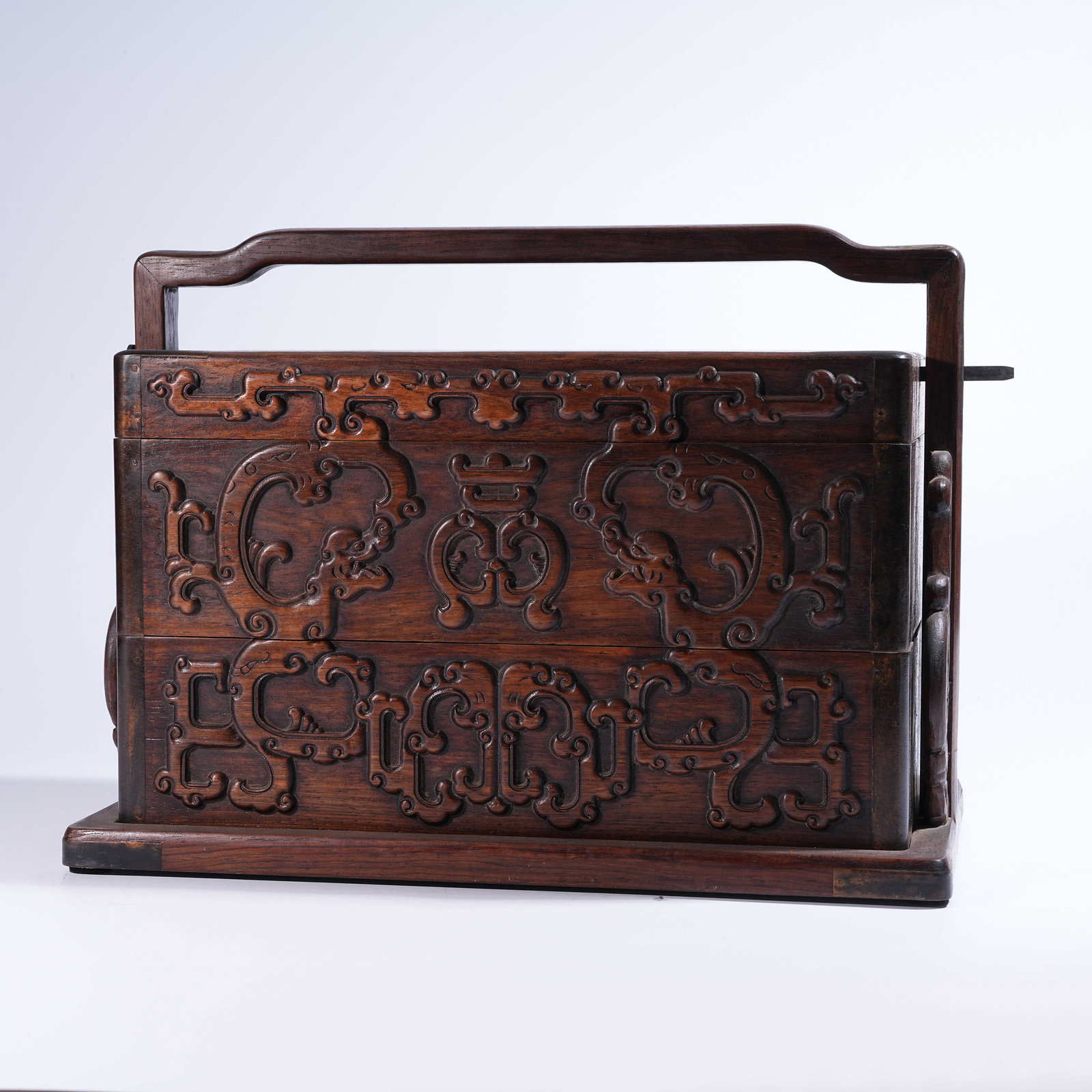 A HUANGHUALI COVERED CARRYING BOX WITH DRAGON MOTIFS (1 of 8)