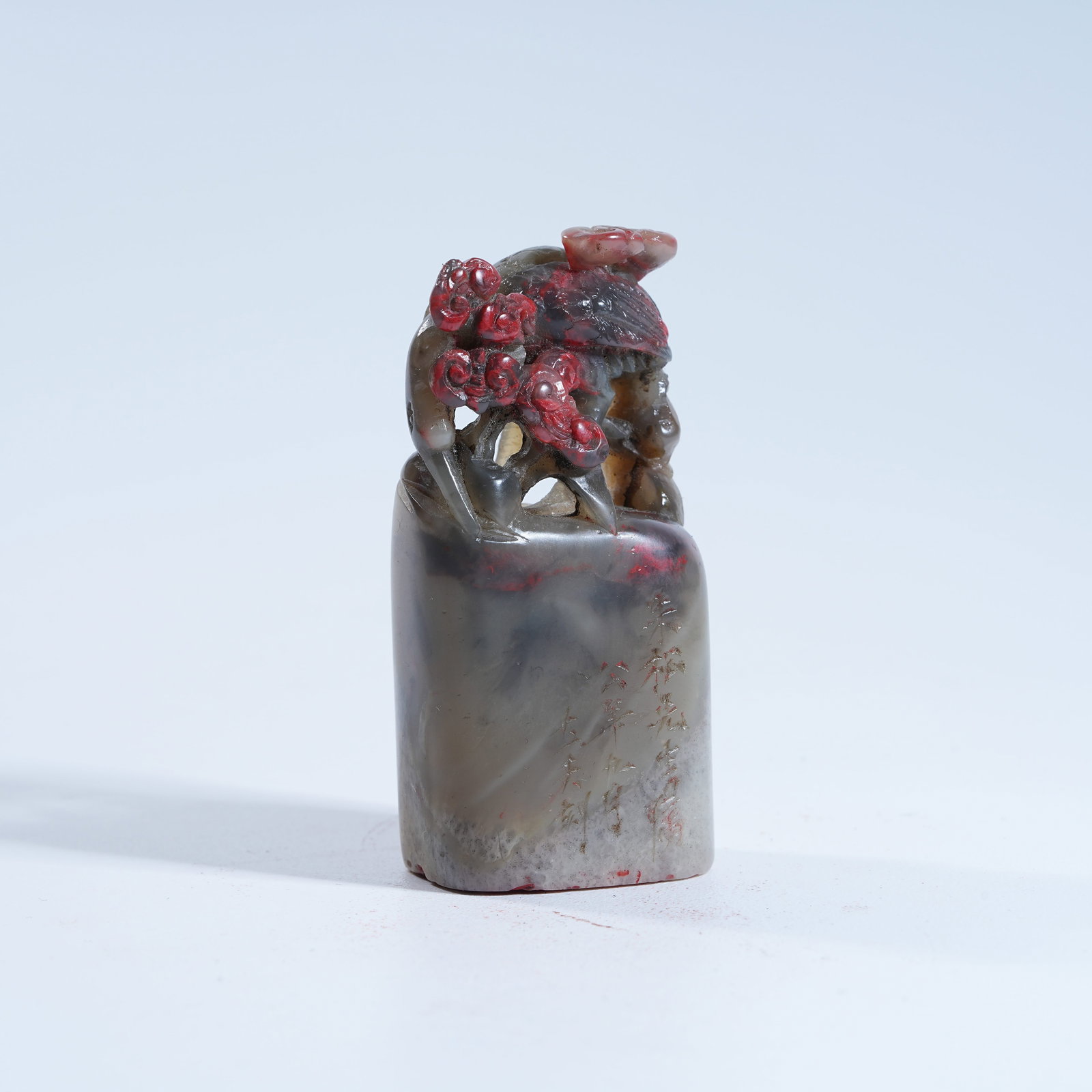 A CHICKEN BLOOD STONE SEAL WITH CRANE LONGEVITY KNOB (1 of 8)